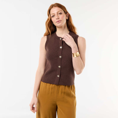 Sleeveless Top with Gold Buttons BROWN