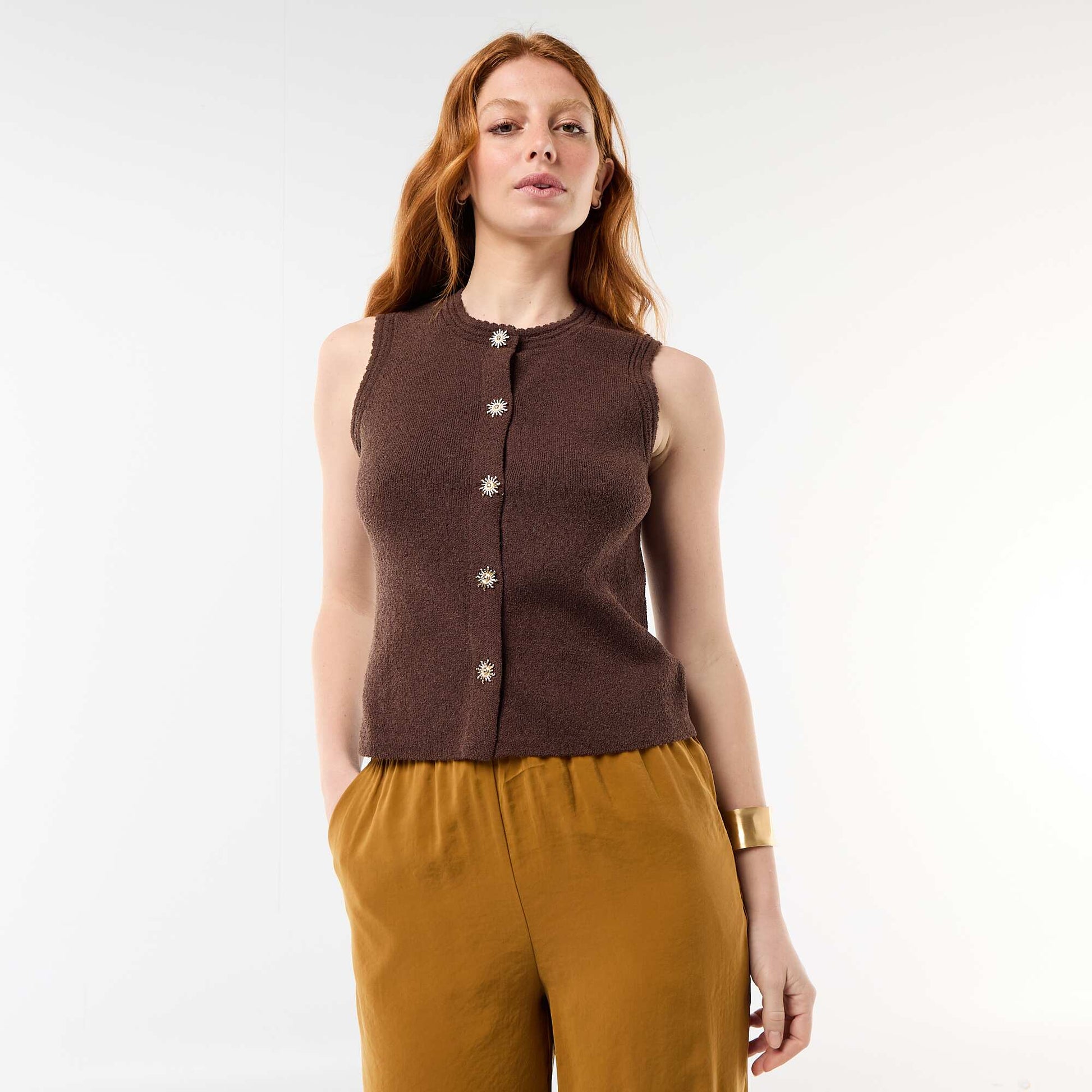 Sleeveless Top with Gold Buttons BROWN