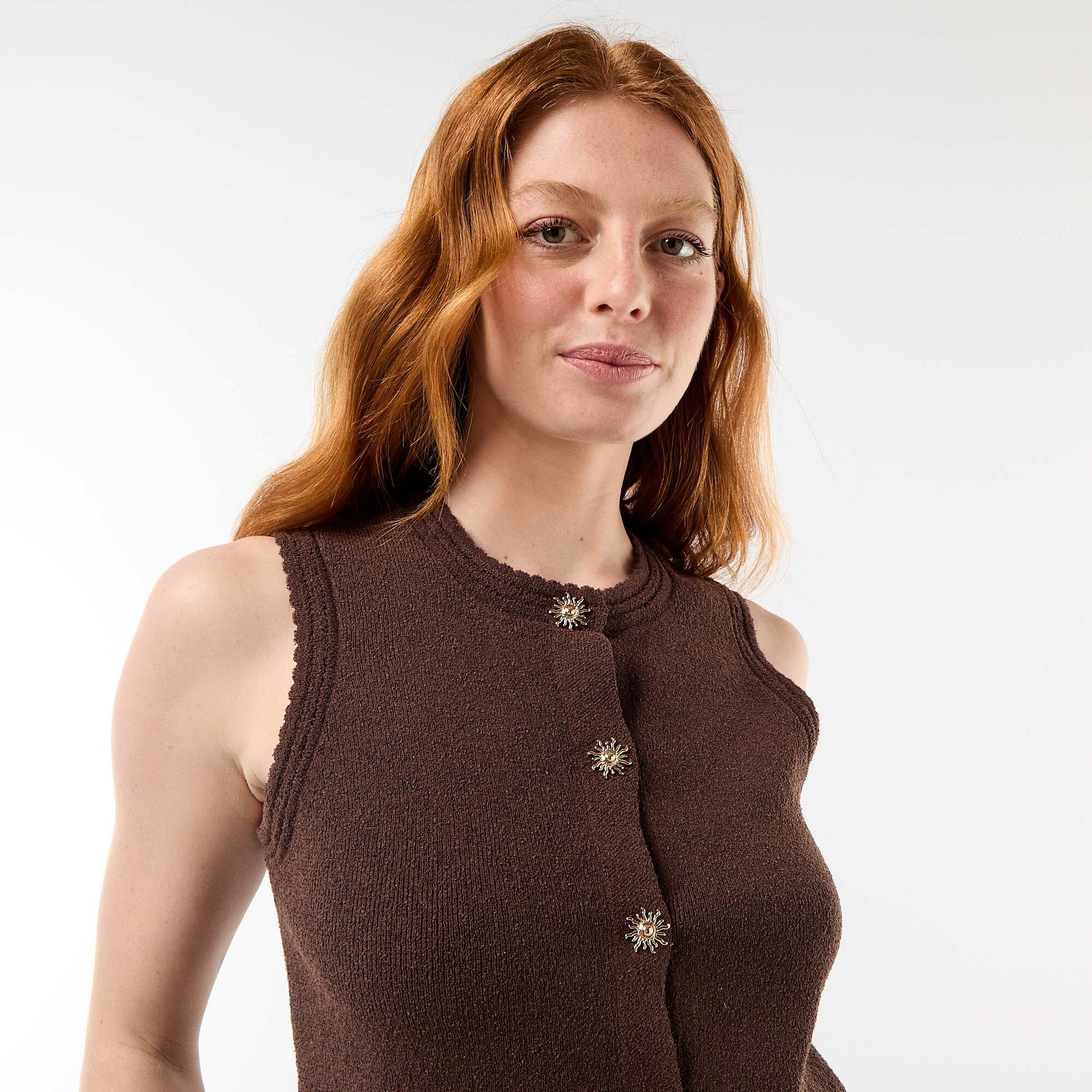 Sleeveless Top with Gold Buttons BROWN