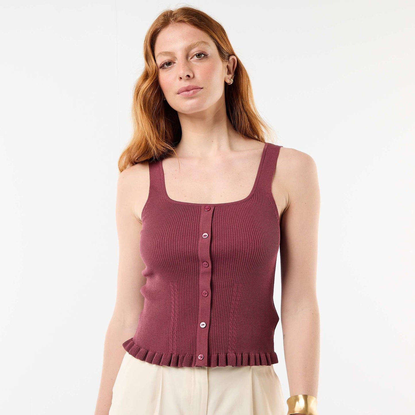Ribbed Tank Top with Faux Button Front PINK