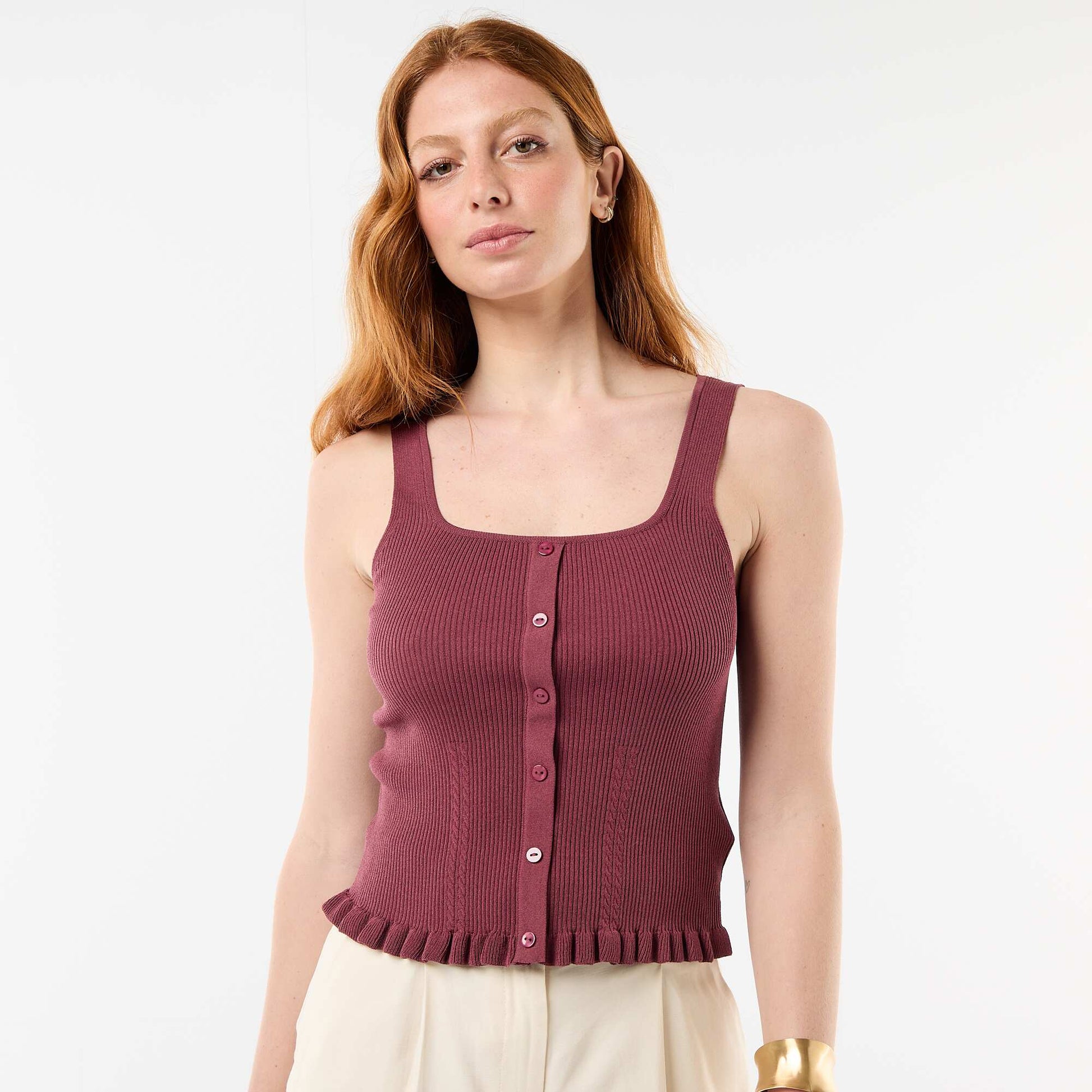 Ribbed Tank Top with Faux Button Front PINK