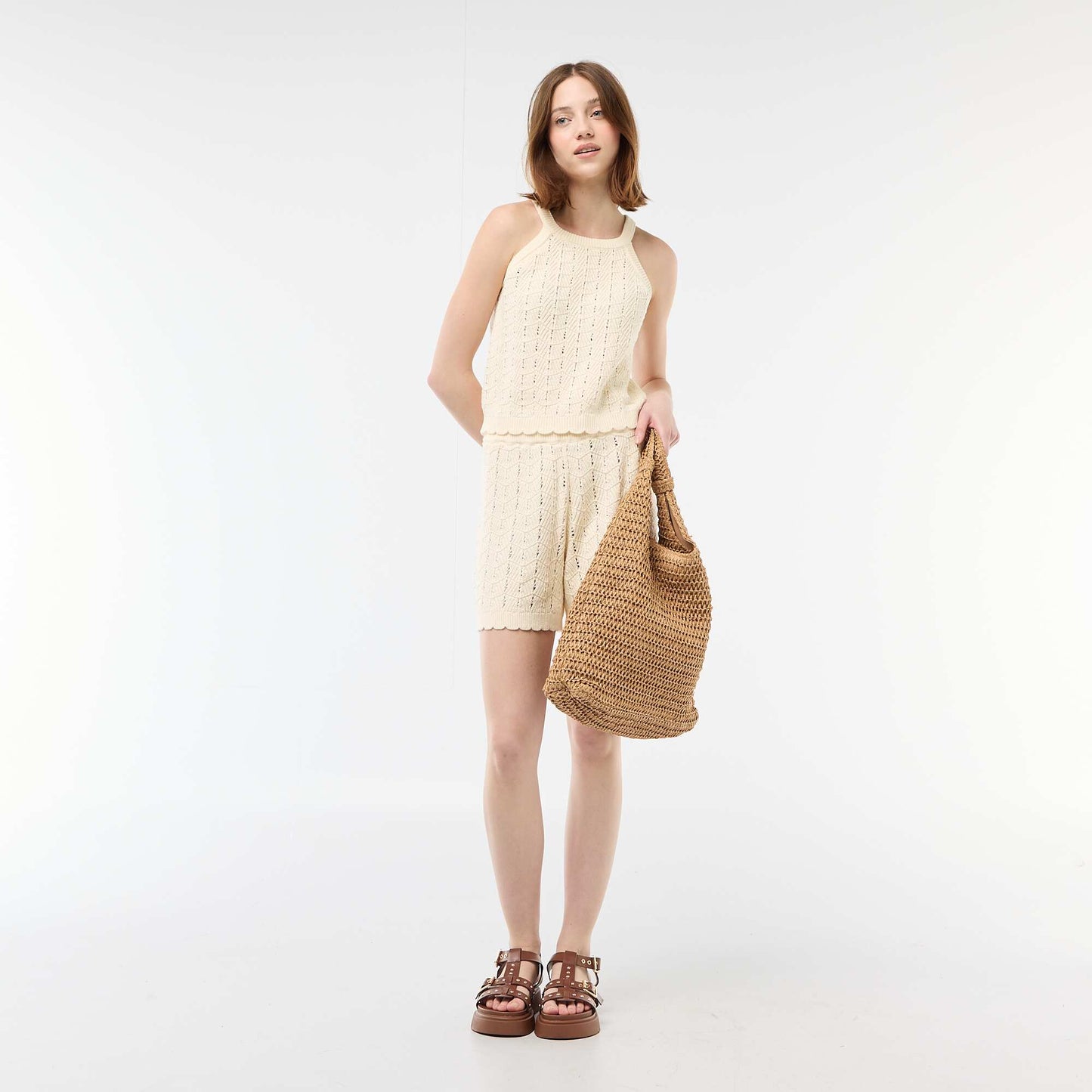 Crochet Wide-Leg Shorts BEIGE