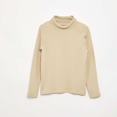Ribbed Knit Roll Neck Top BEIGE