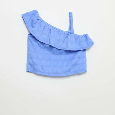 Waffle Knit Tank Top with Asymmetrical Neckline BLUE