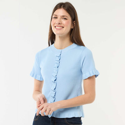 Button-Up Cardigan with Ruffle Sleeves BLUE