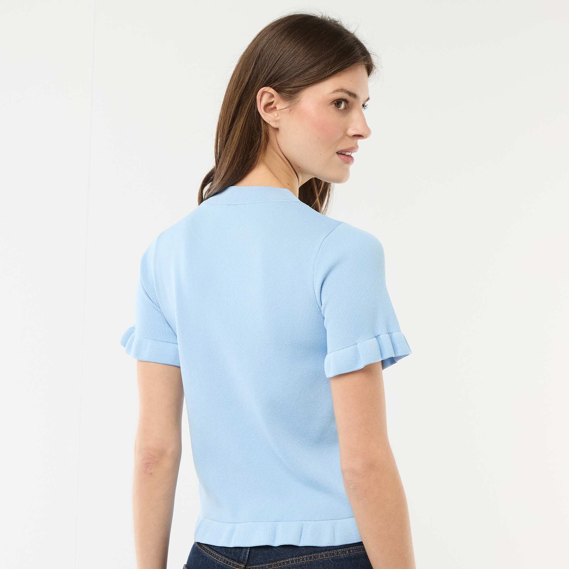 Button-Up Cardigan with Ruffle Sleeves BLUE