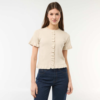 Button-Up Cardigan with Ruffle Sleeves BEIGE