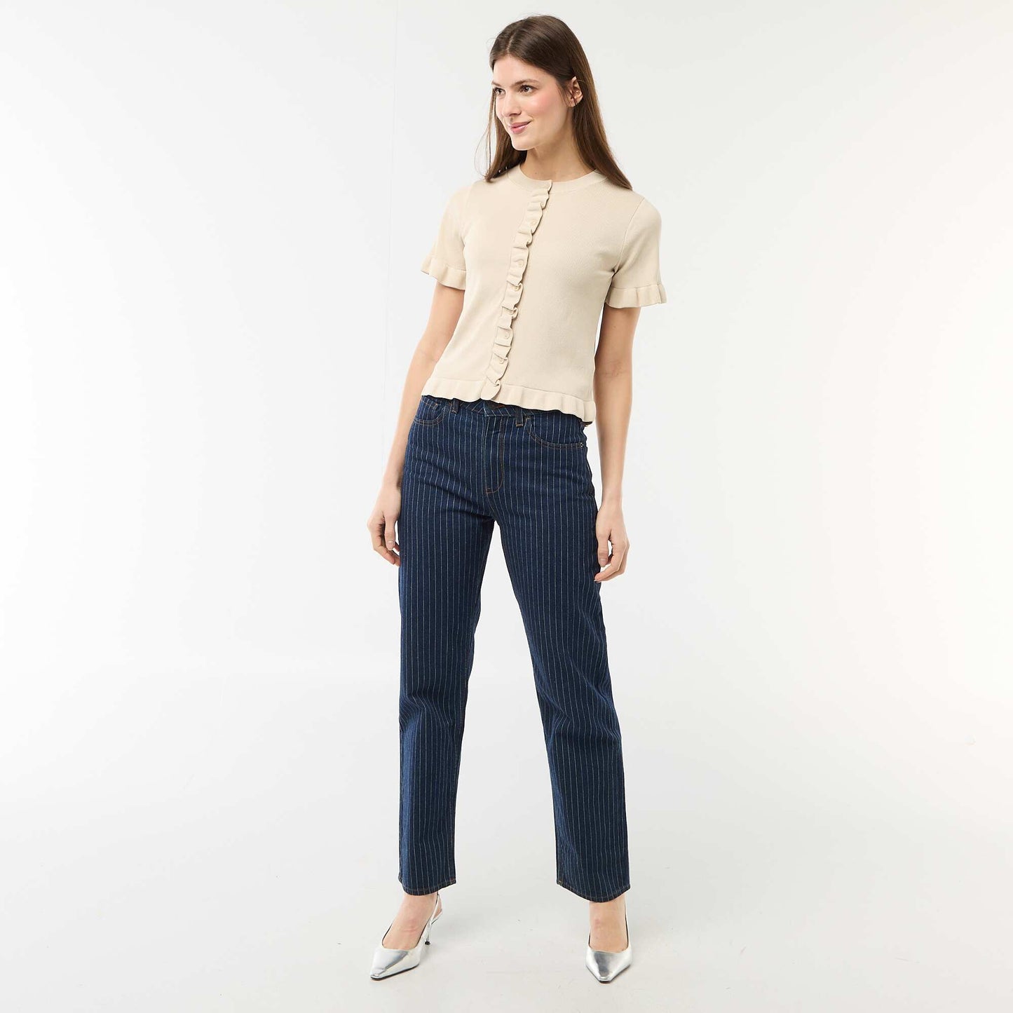 Button-Up Cardigan with Ruffle Sleeves BEIGE