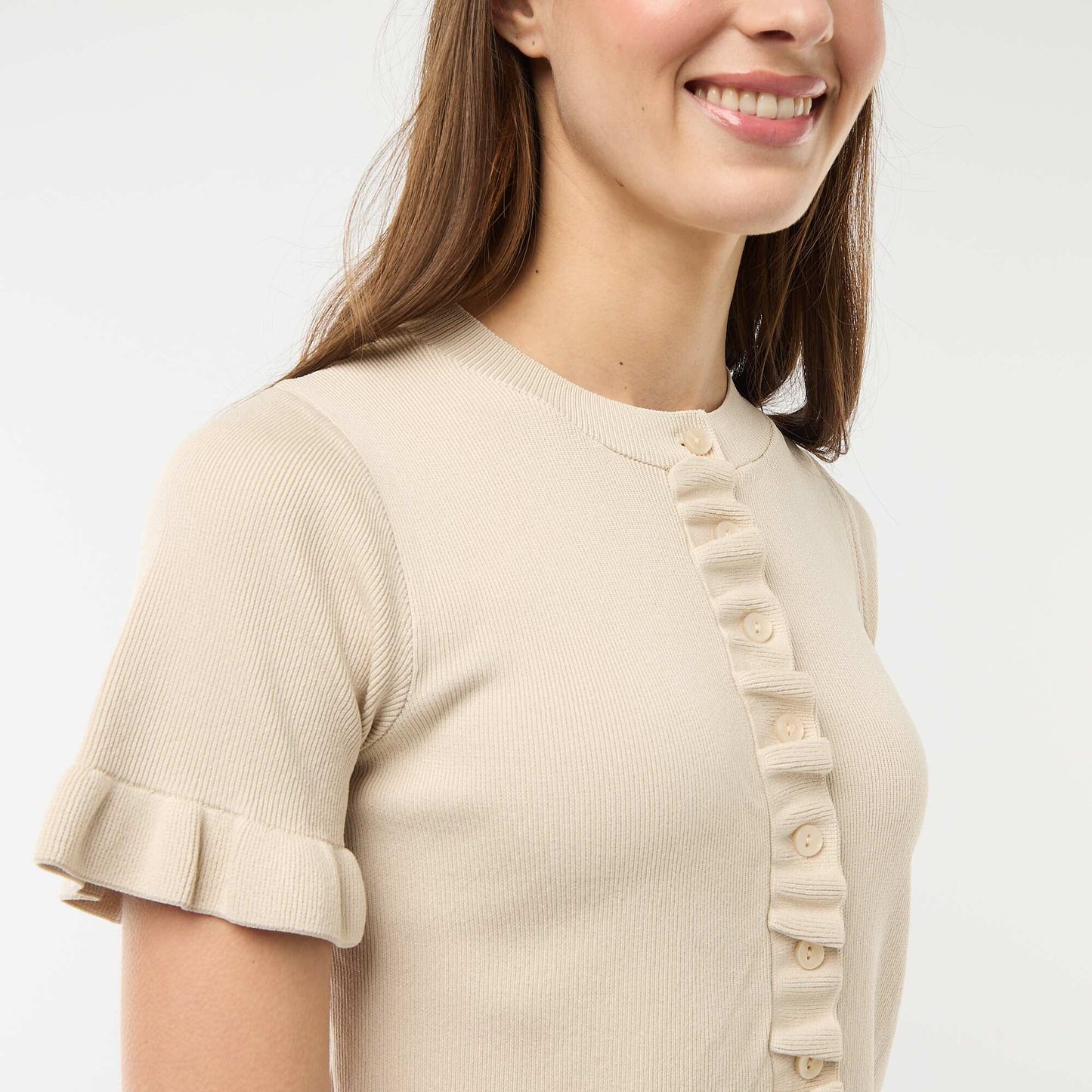 Button-Up Cardigan with Ruffle Sleeves BEIGE