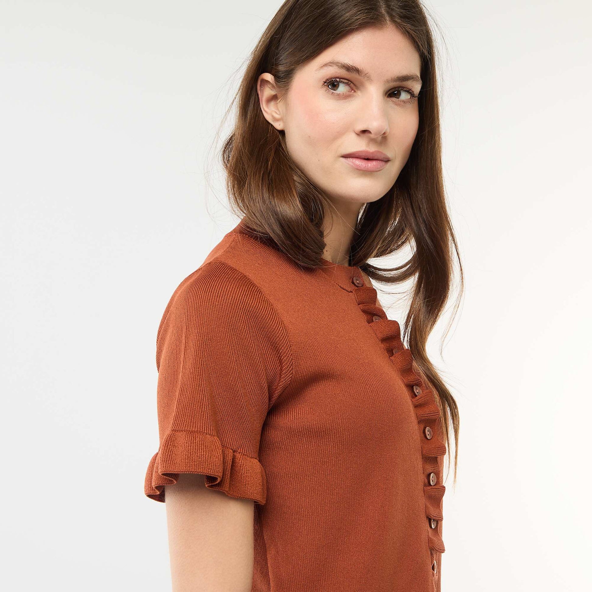 Button-Up Cardigan with Ruffle Sleeves BROWN