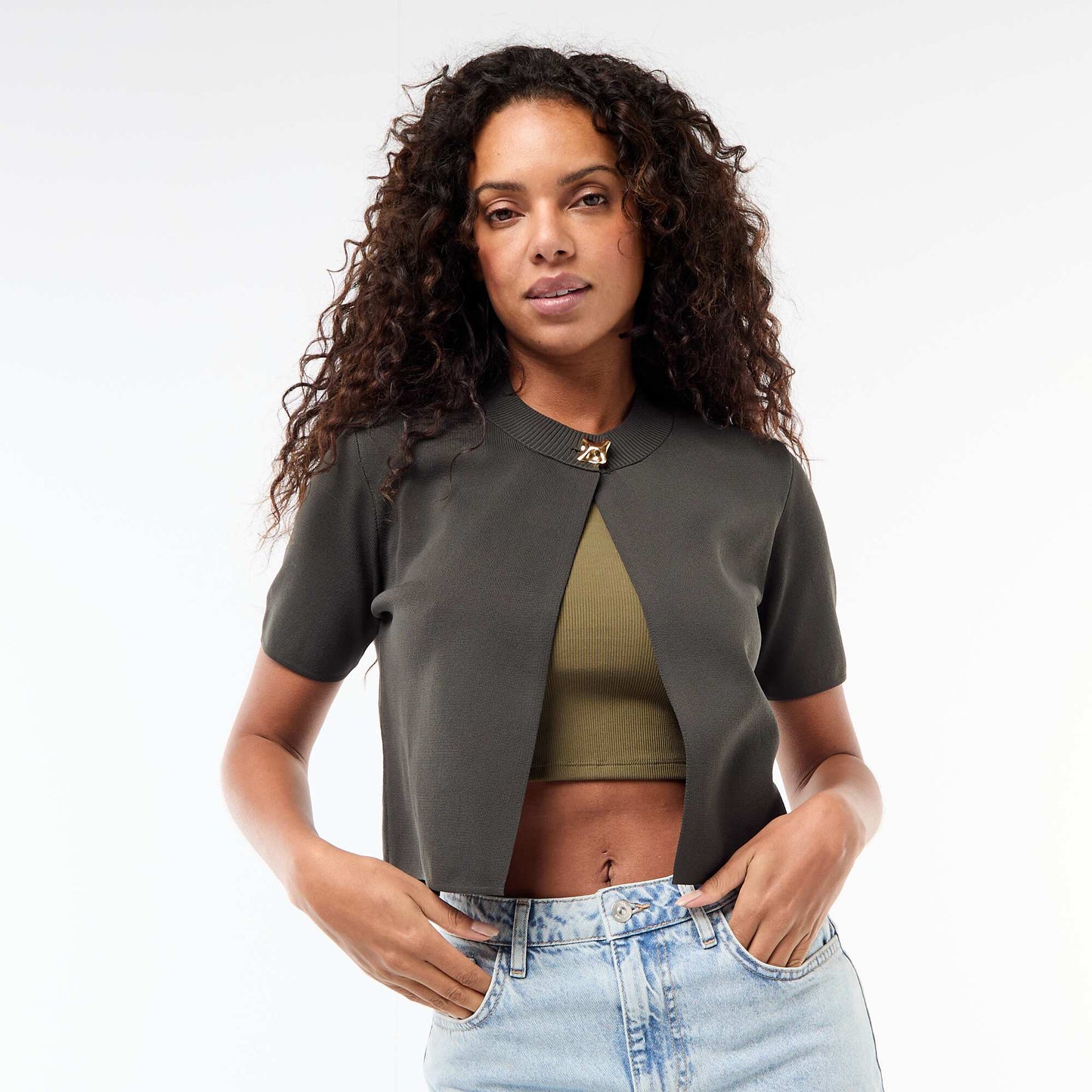Gold Jewel Neck Closure Top KHAKI