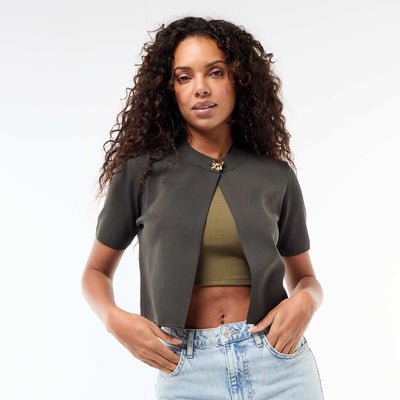Gold Jewel Neck Closure Top KHAKI