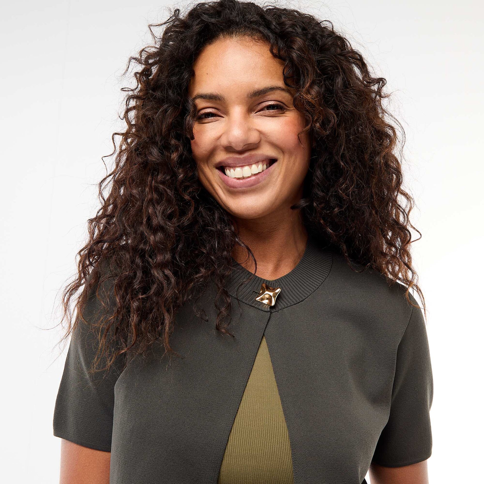 Gold Jewel Neck Closure Top KHAKI