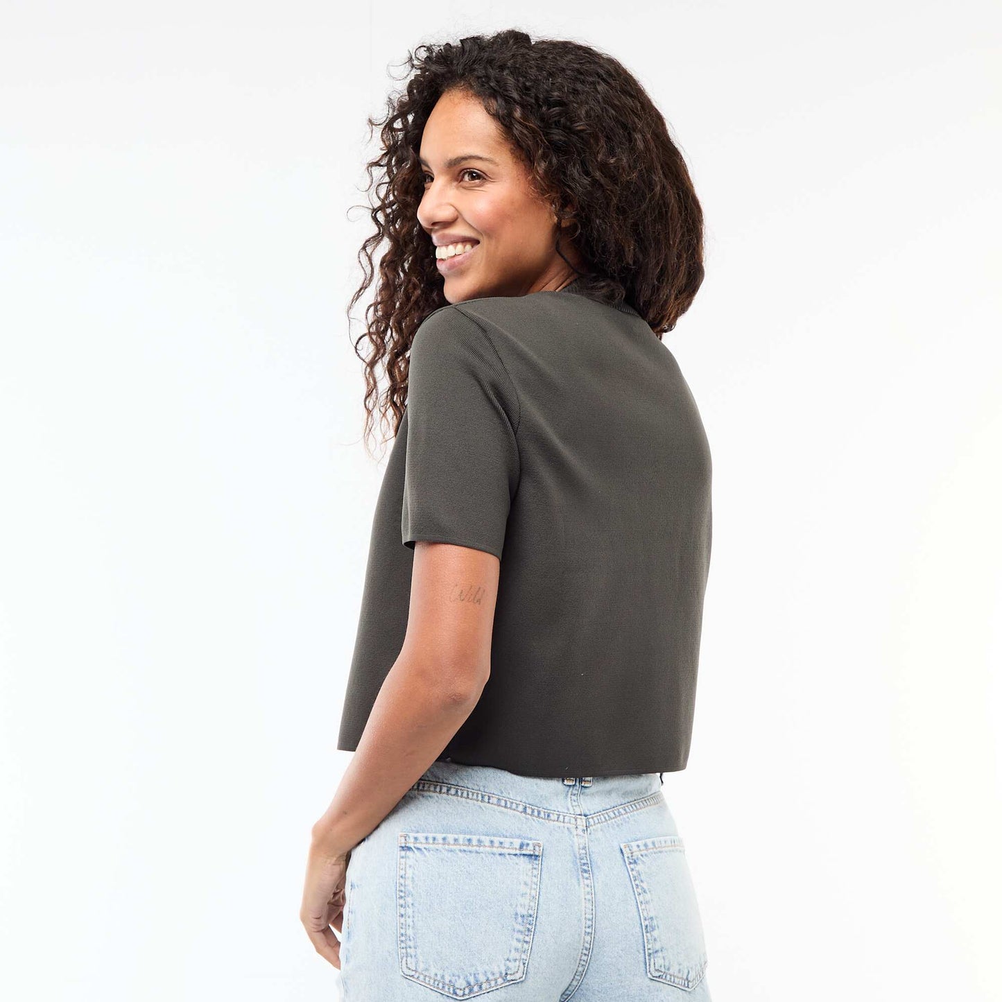 Gold Jewel Neck Closure Top KHAKI