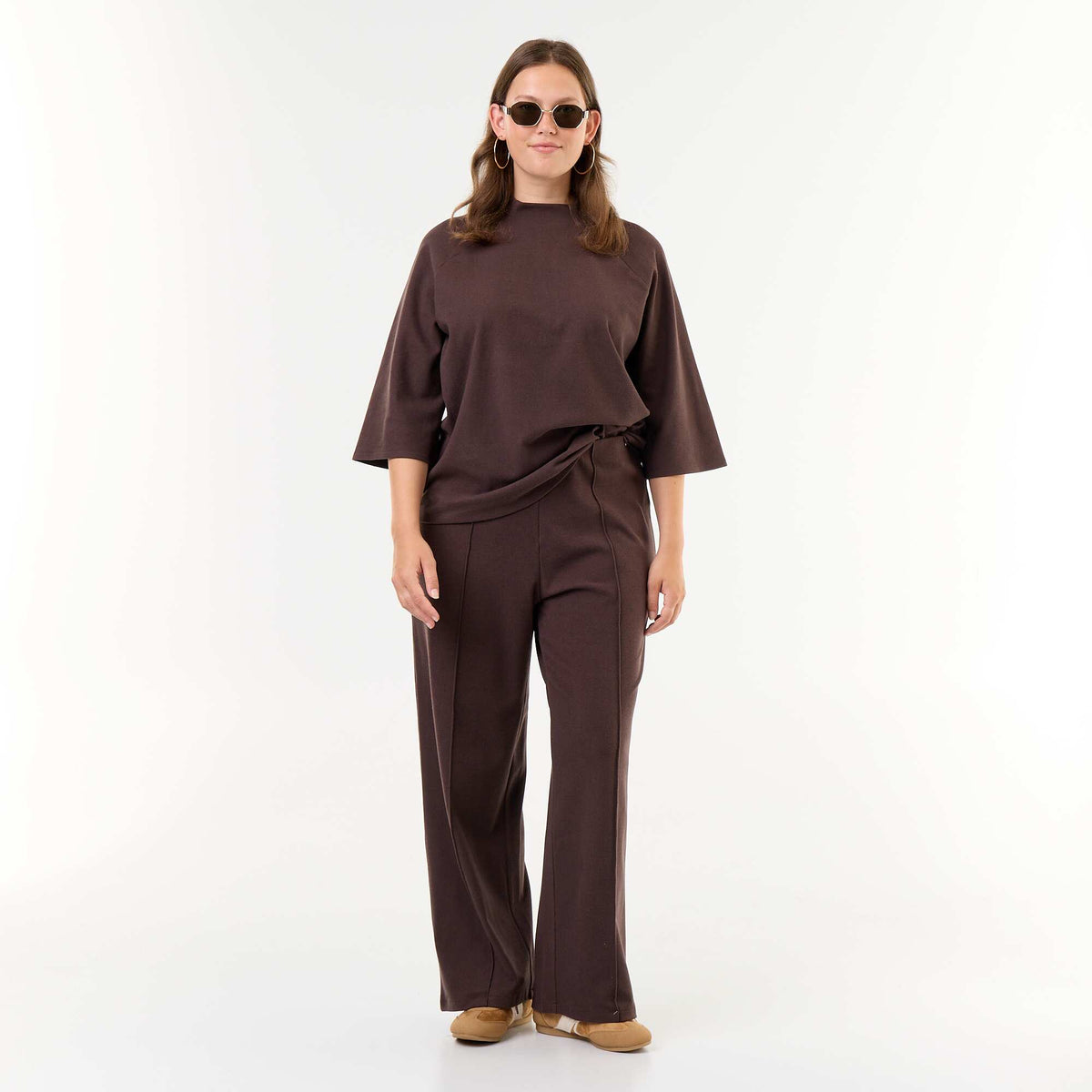 Long-sleeved plush knit T-shirt BROWN