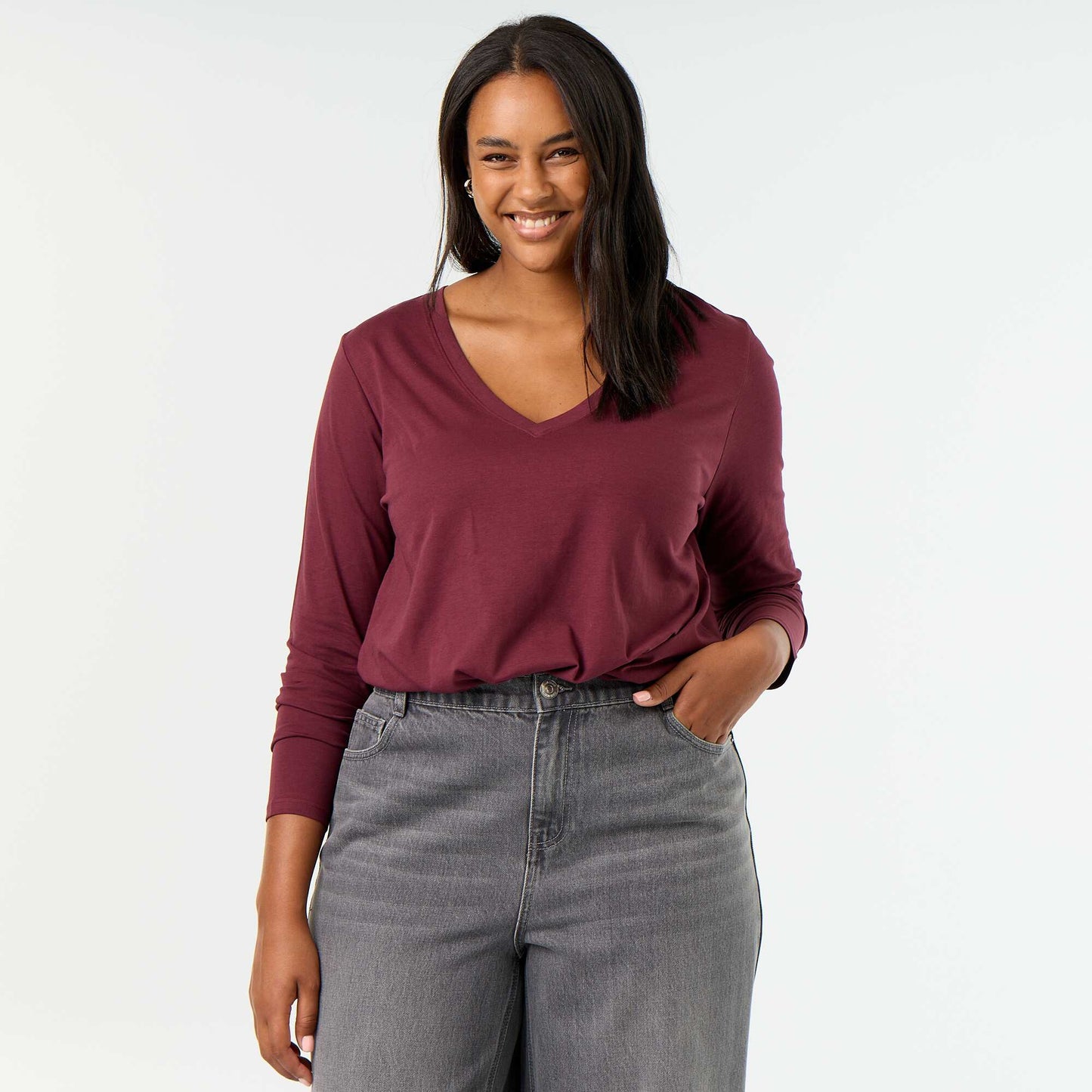 Long-sleeved V-neck T-shirt RED