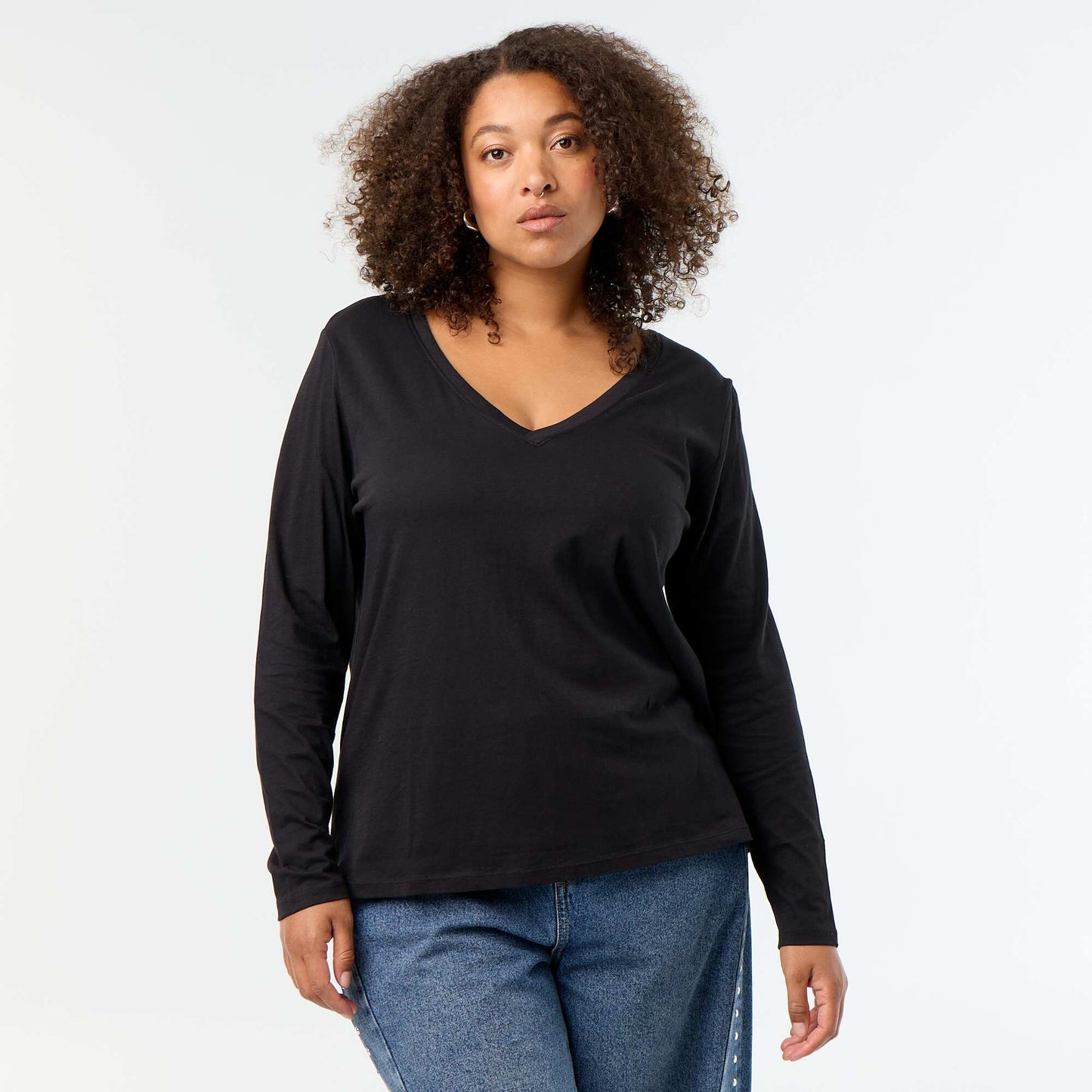 Long-sleeved V-neck T-shirt BLACK