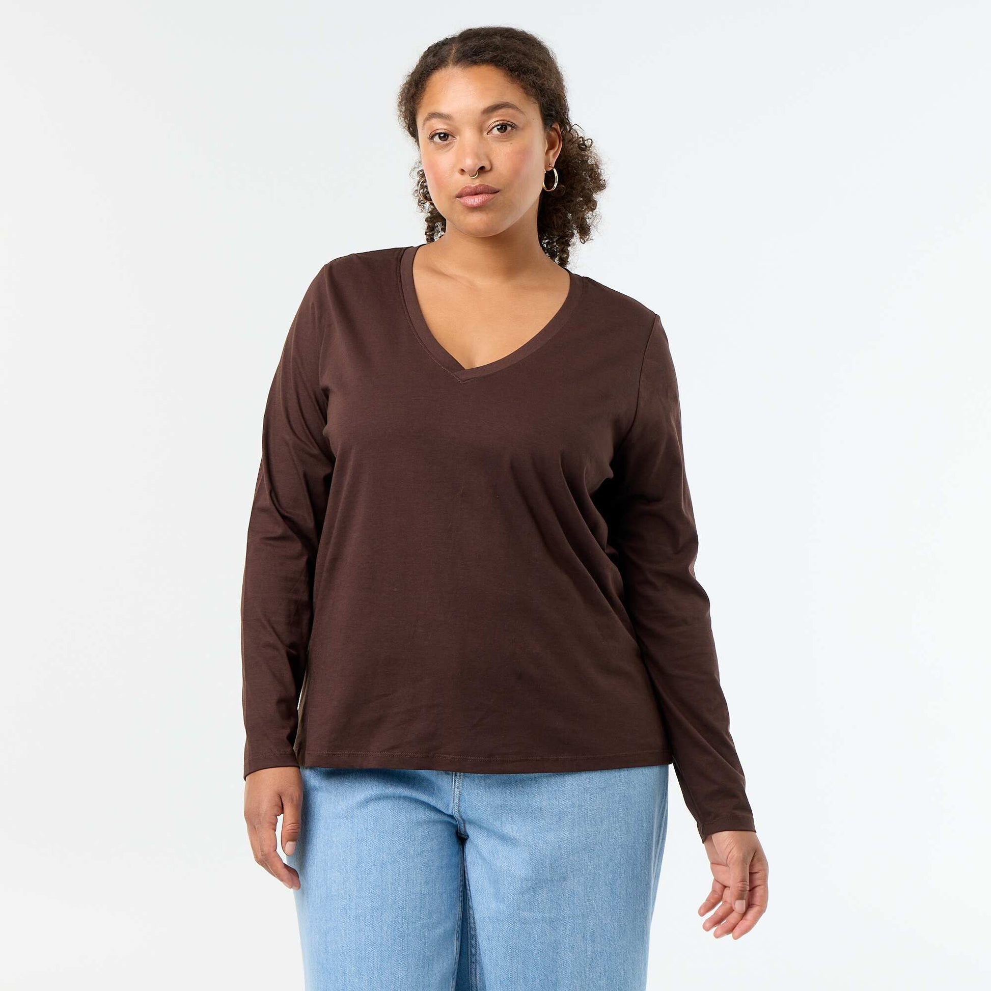 Long-sleeved V-neck T-shirt BROWN