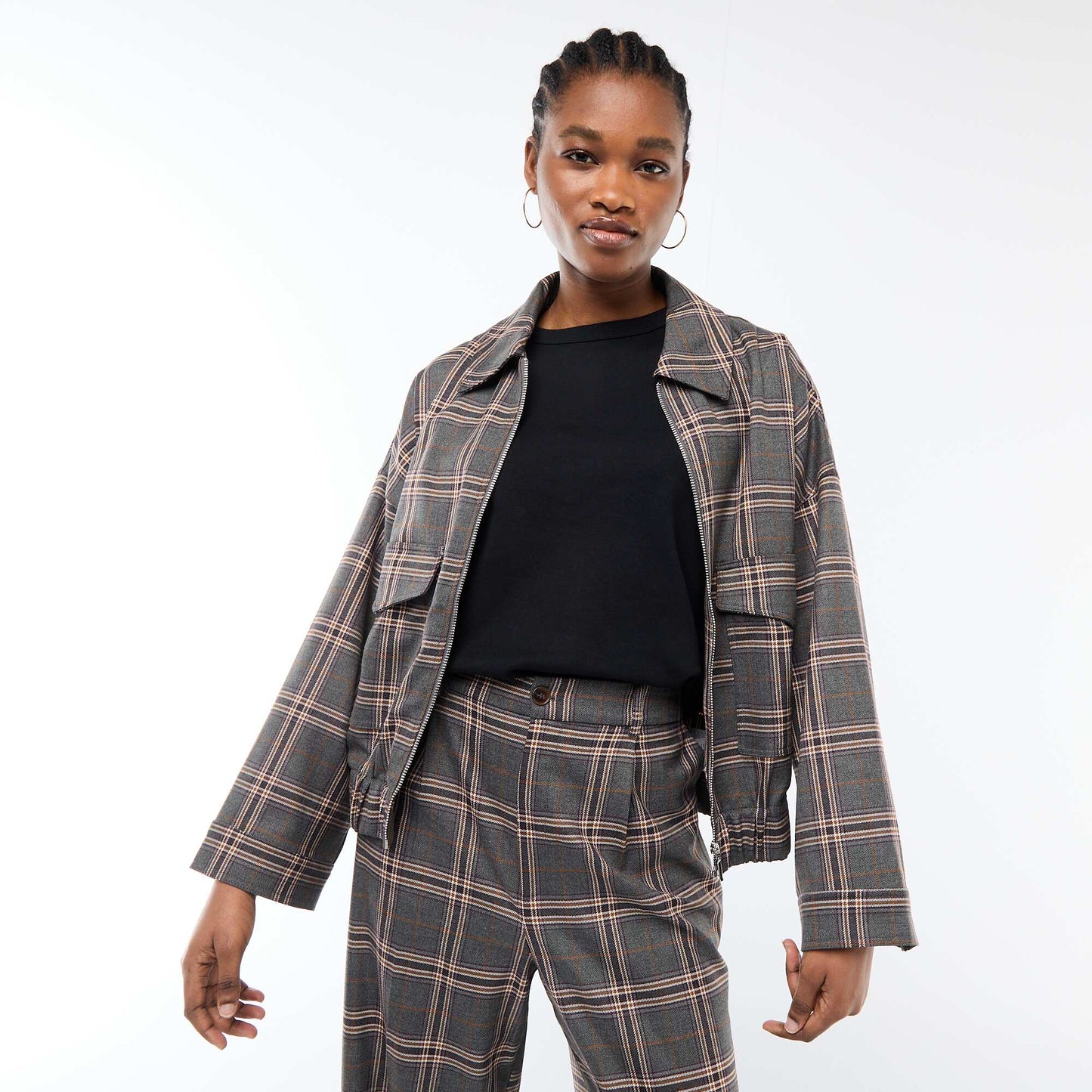 Zipped Checkered Jacket with Patch Pocket GREY