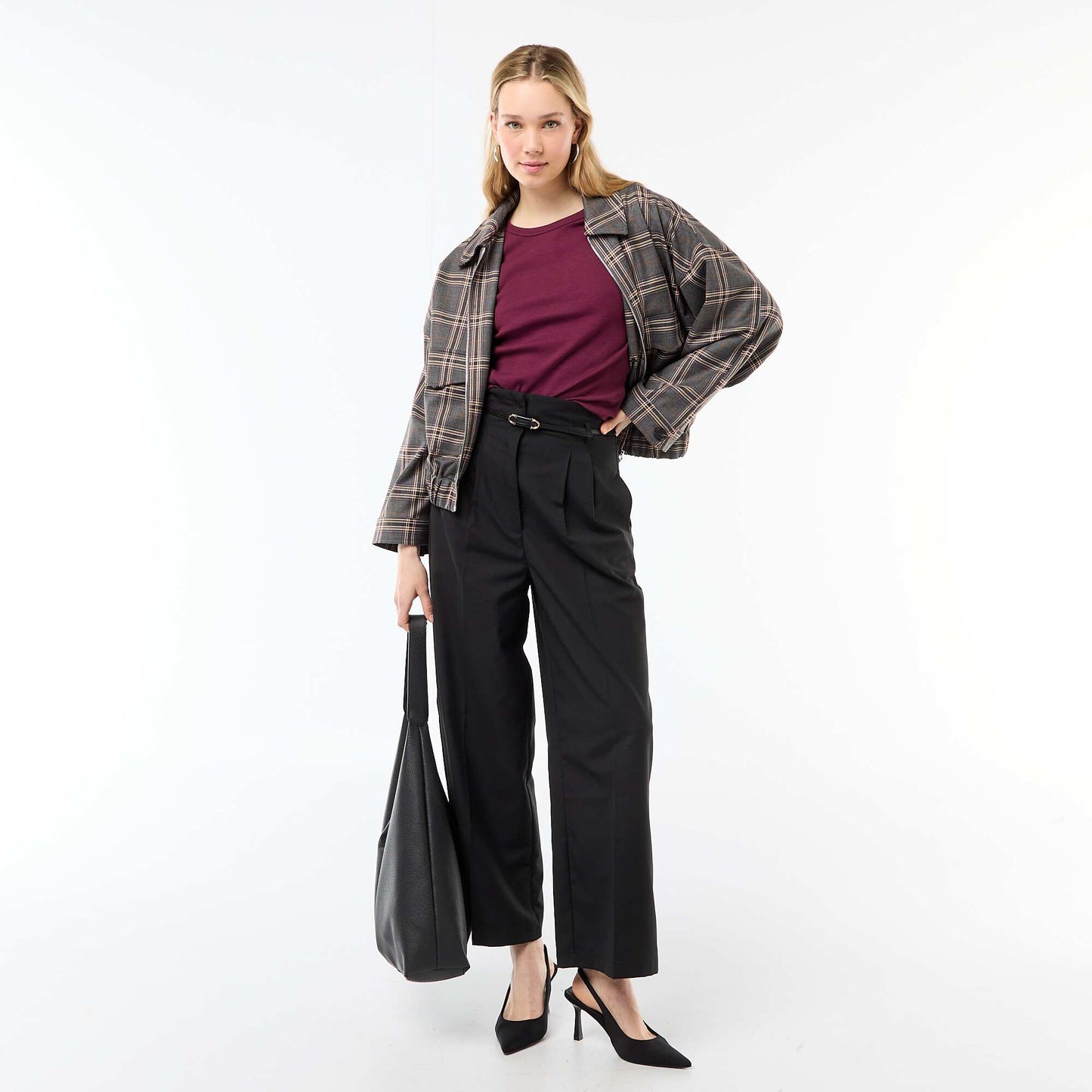 Zipped Checkered Jacket with Patch Pocket GREY
