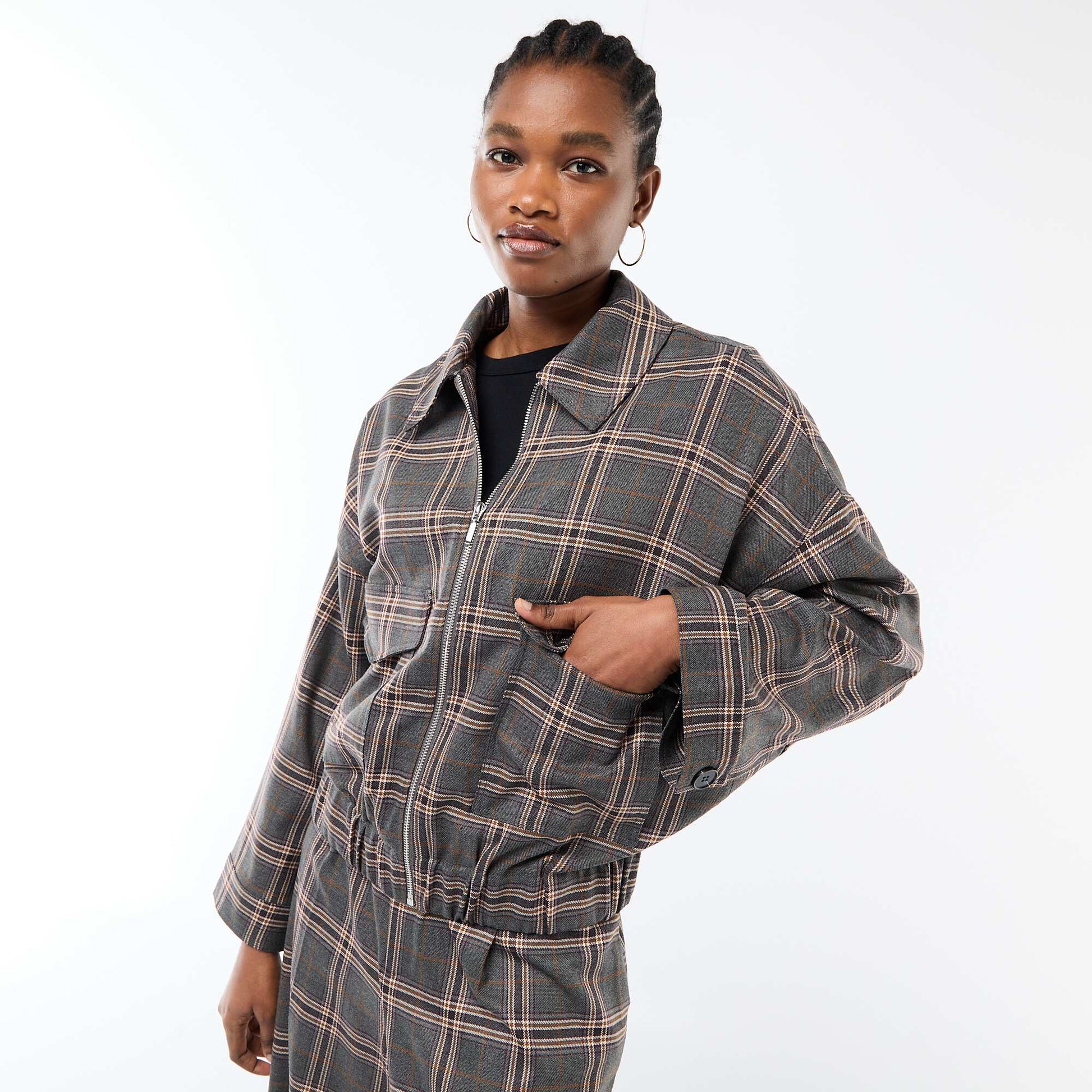 Zipped Checkered Jacket with Patch Pocket GREY