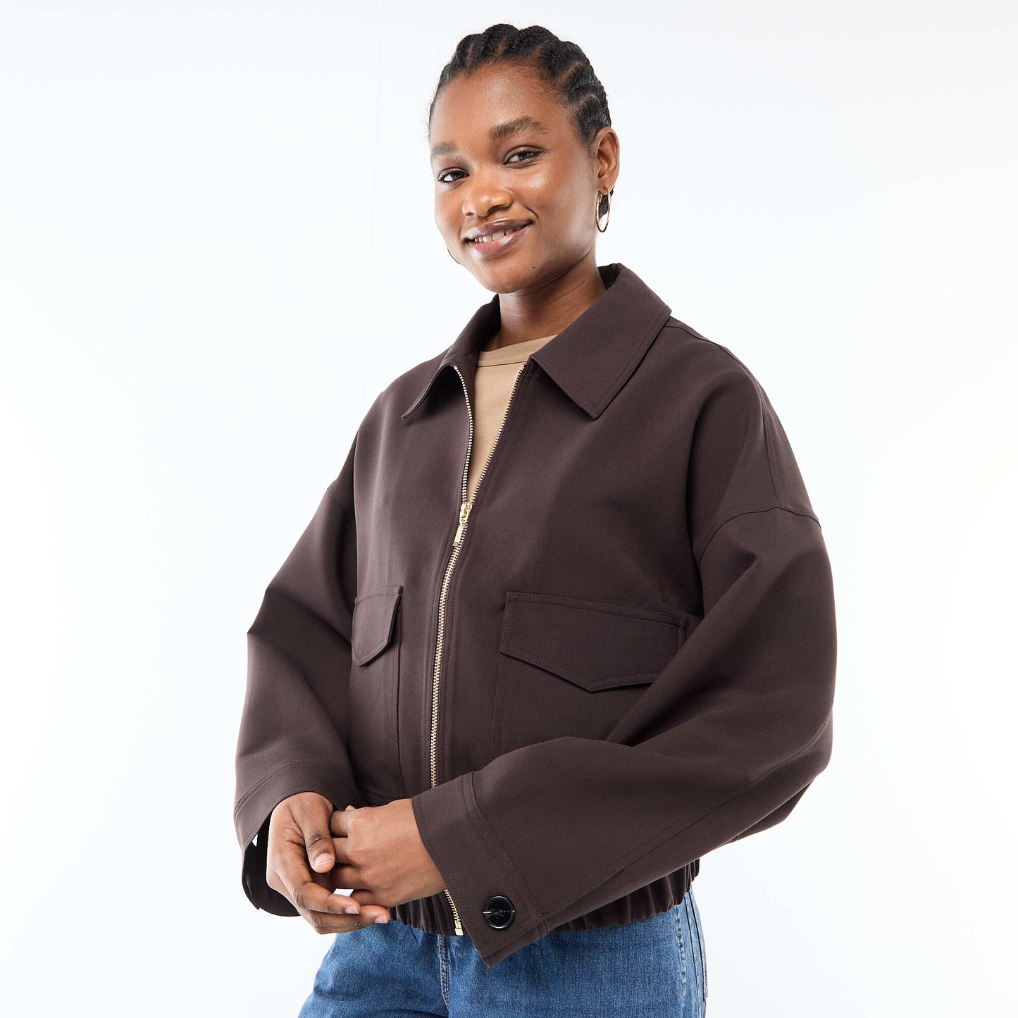 Solid Zip-Up Jacket with Patch Pockets BROWN