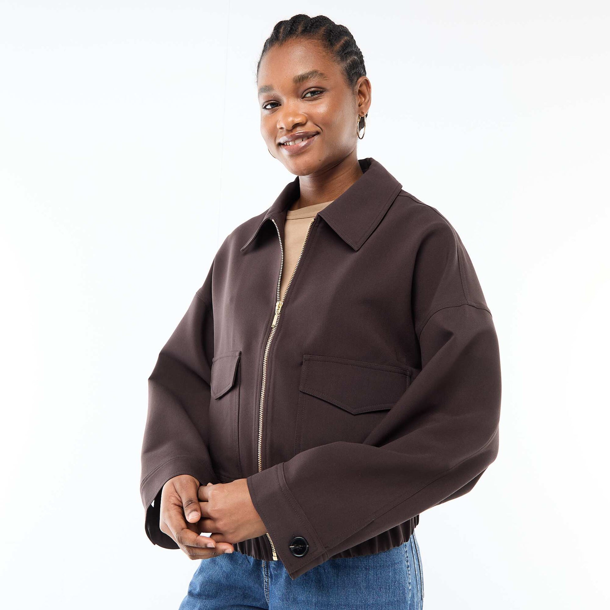 Solid Zip-Up Jacket with Patch Pockets BROWN