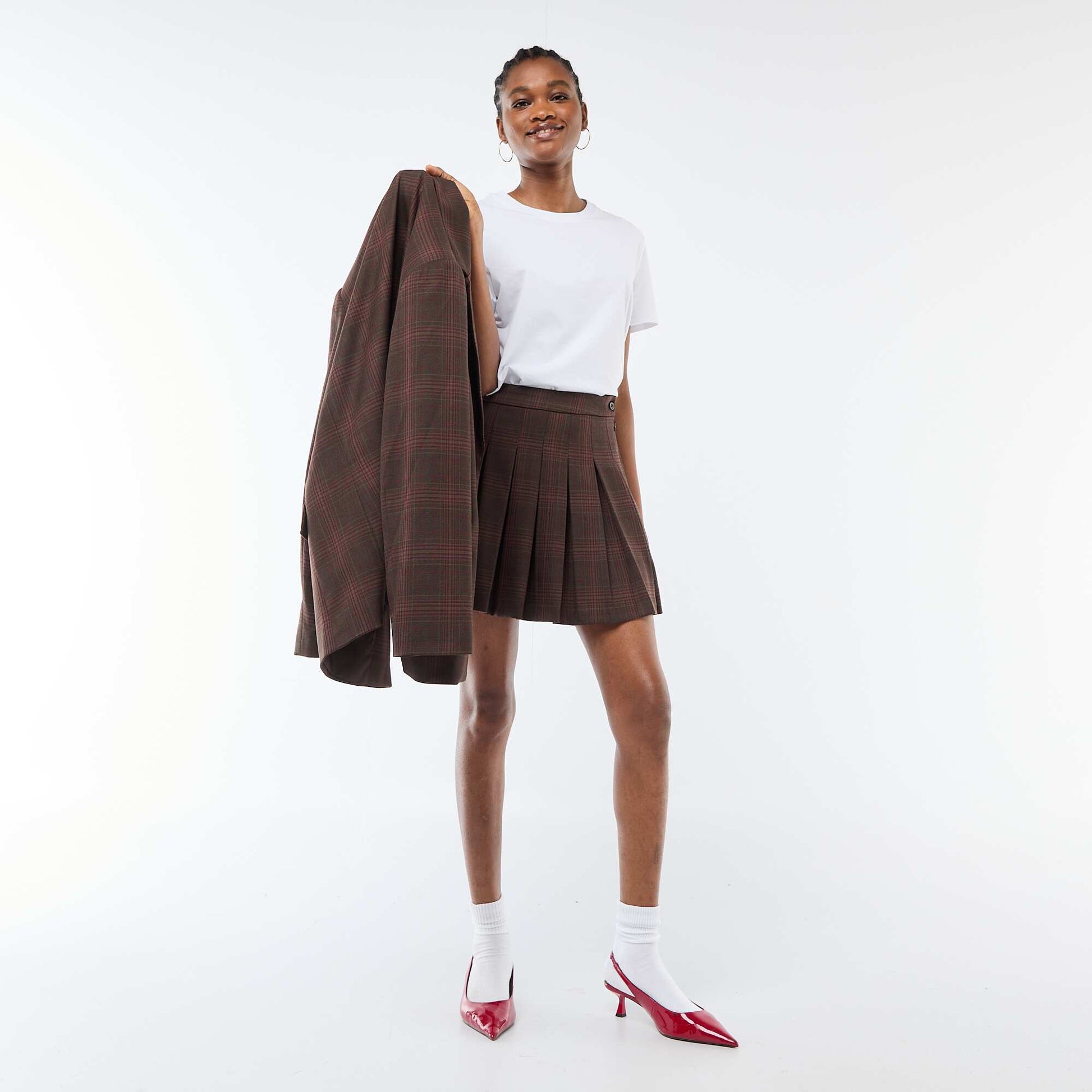 Zipped Pleated Mini Skirt BROWN
