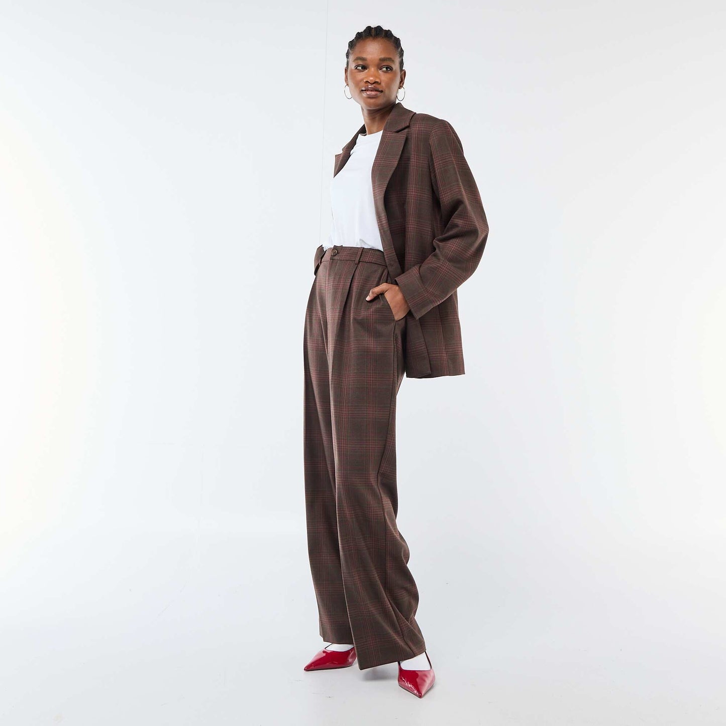 Wide-Leg Checkered Trousers BROWN