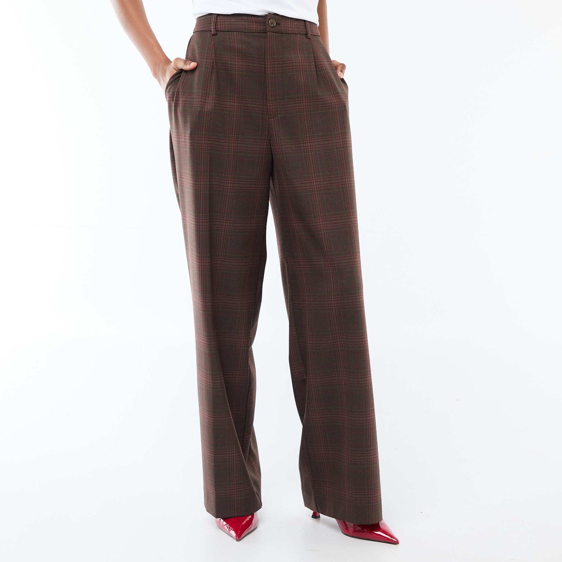 Wide-Leg Checkered Trousers BROWN