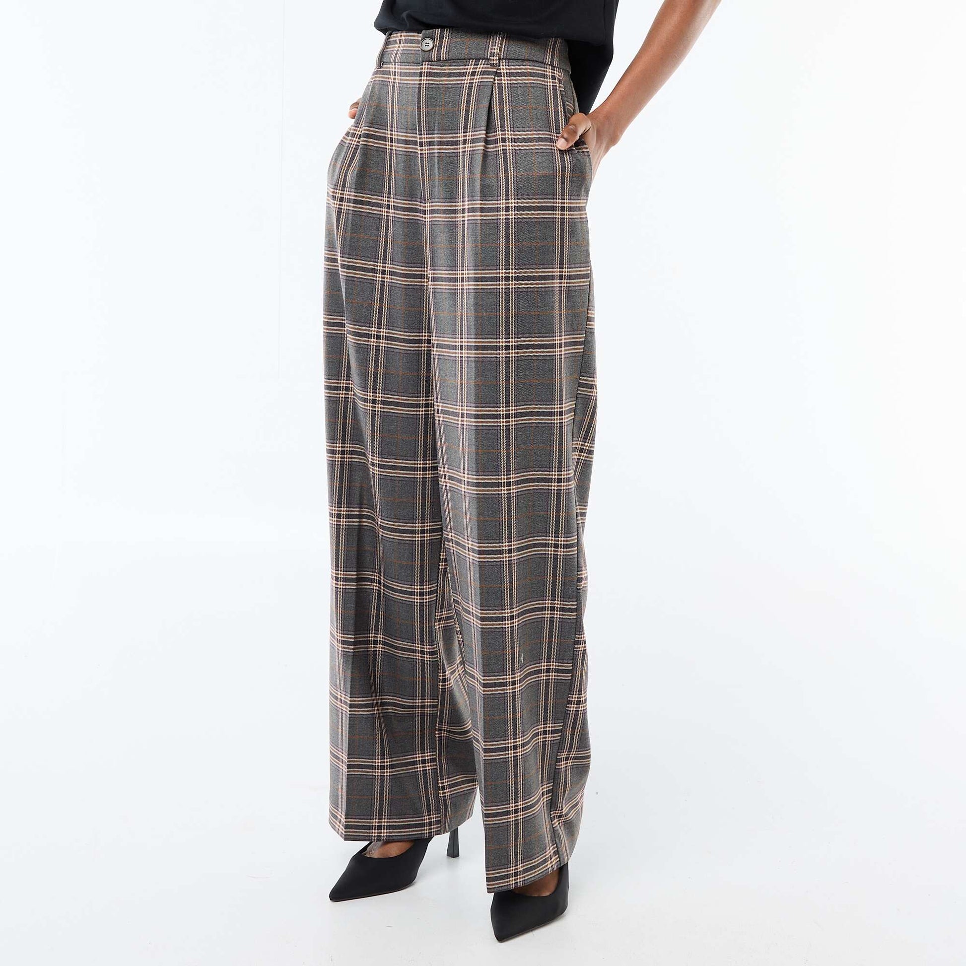 Wide-Leg Checkered Trousers GREY