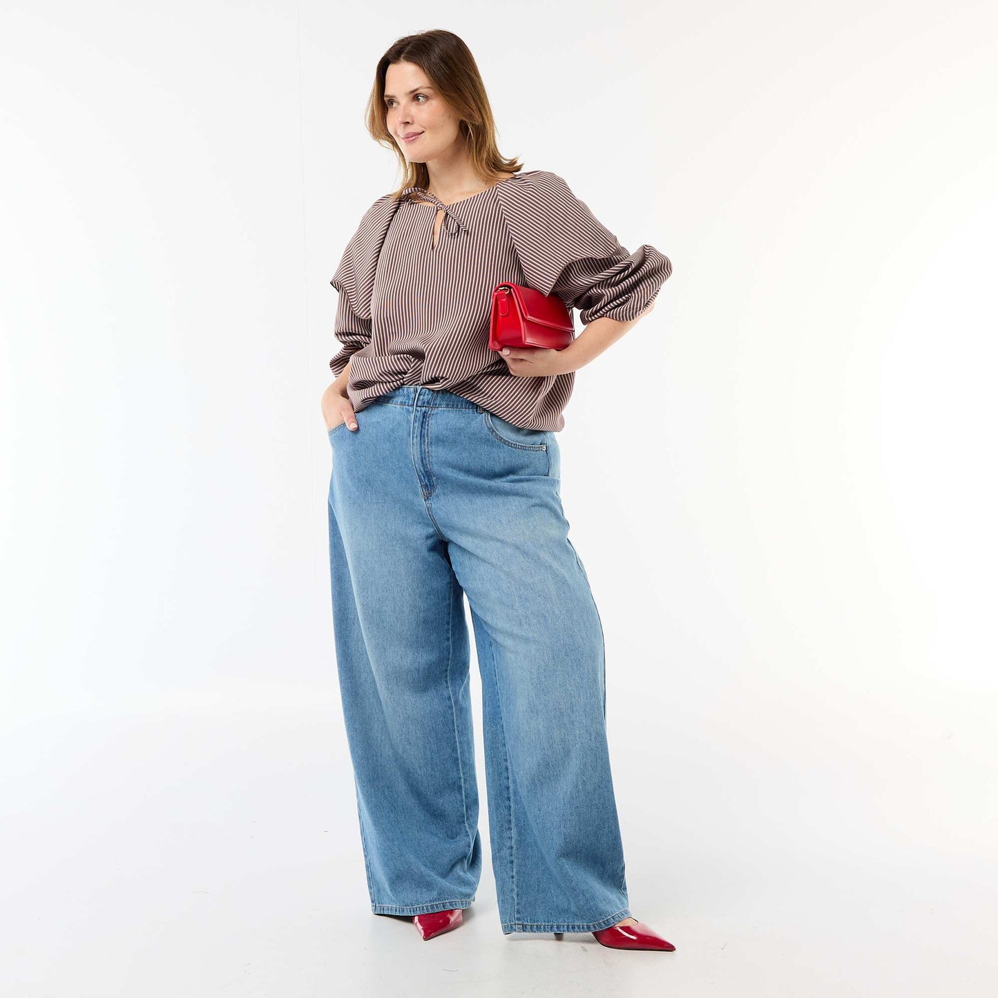 Flowy Long-Sleeve Blouse with Large Ruffle Collar BROWN