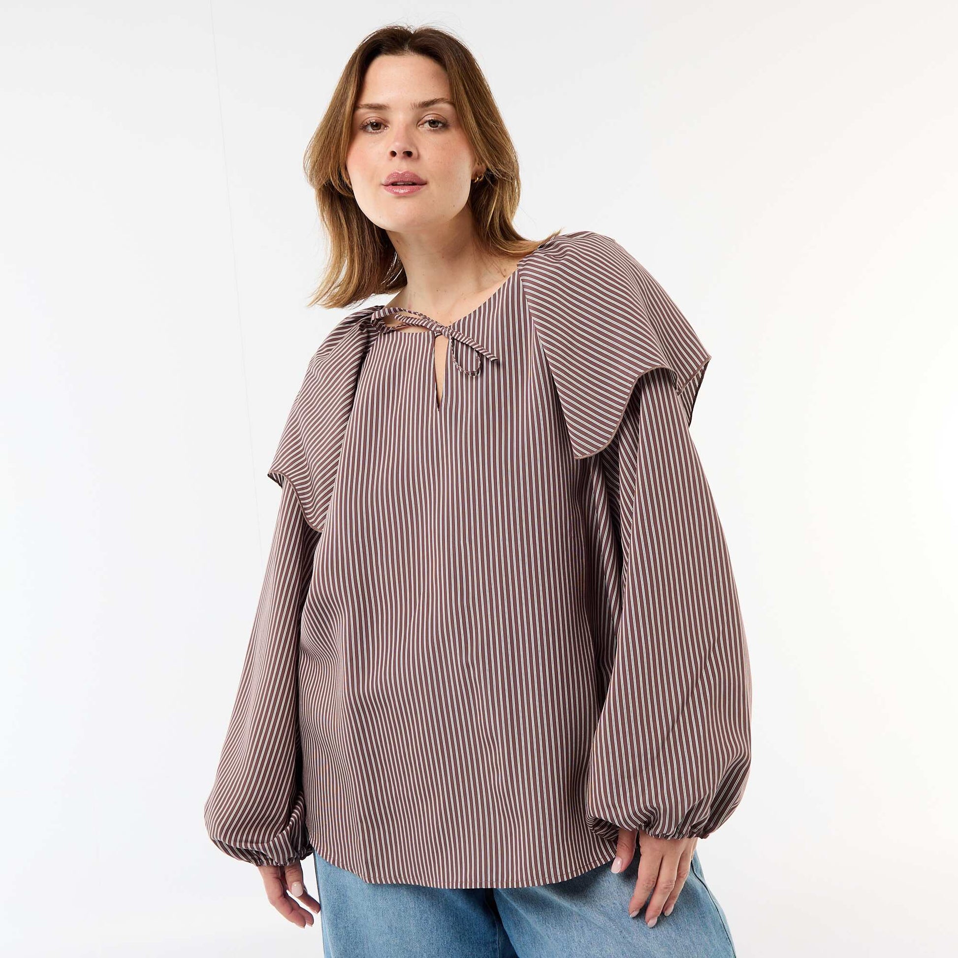 Flowy Long-Sleeve Blouse with Large Ruffle Collar BROWN