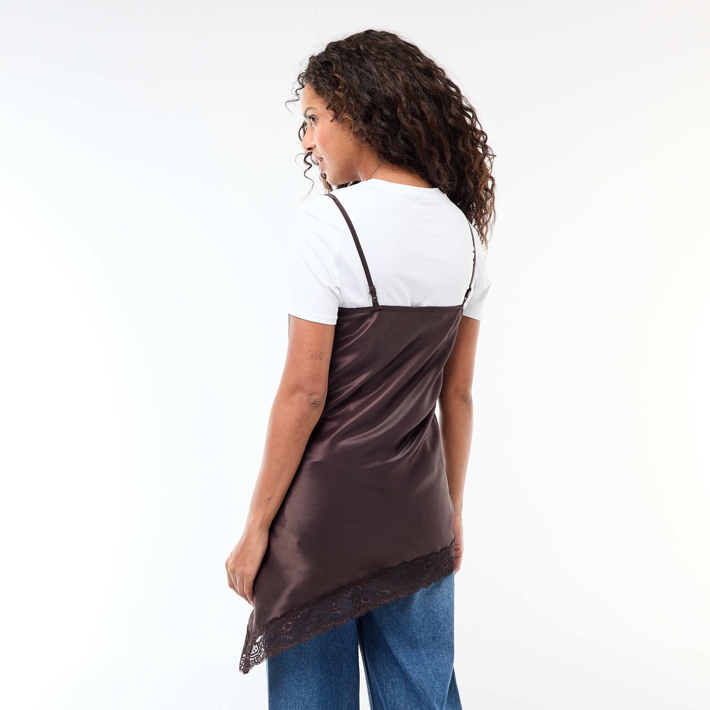 Satin Dress with Lace BROWN