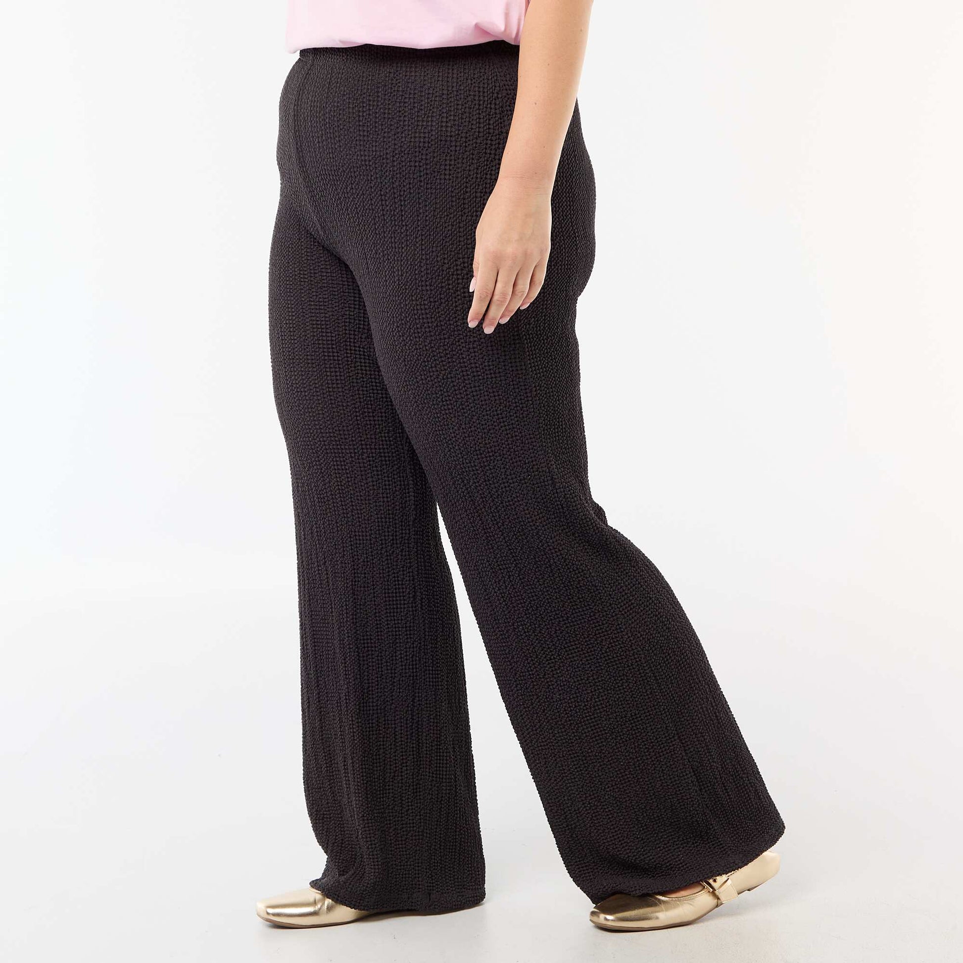 Waffle Knit Wide Leg Pants BLACK