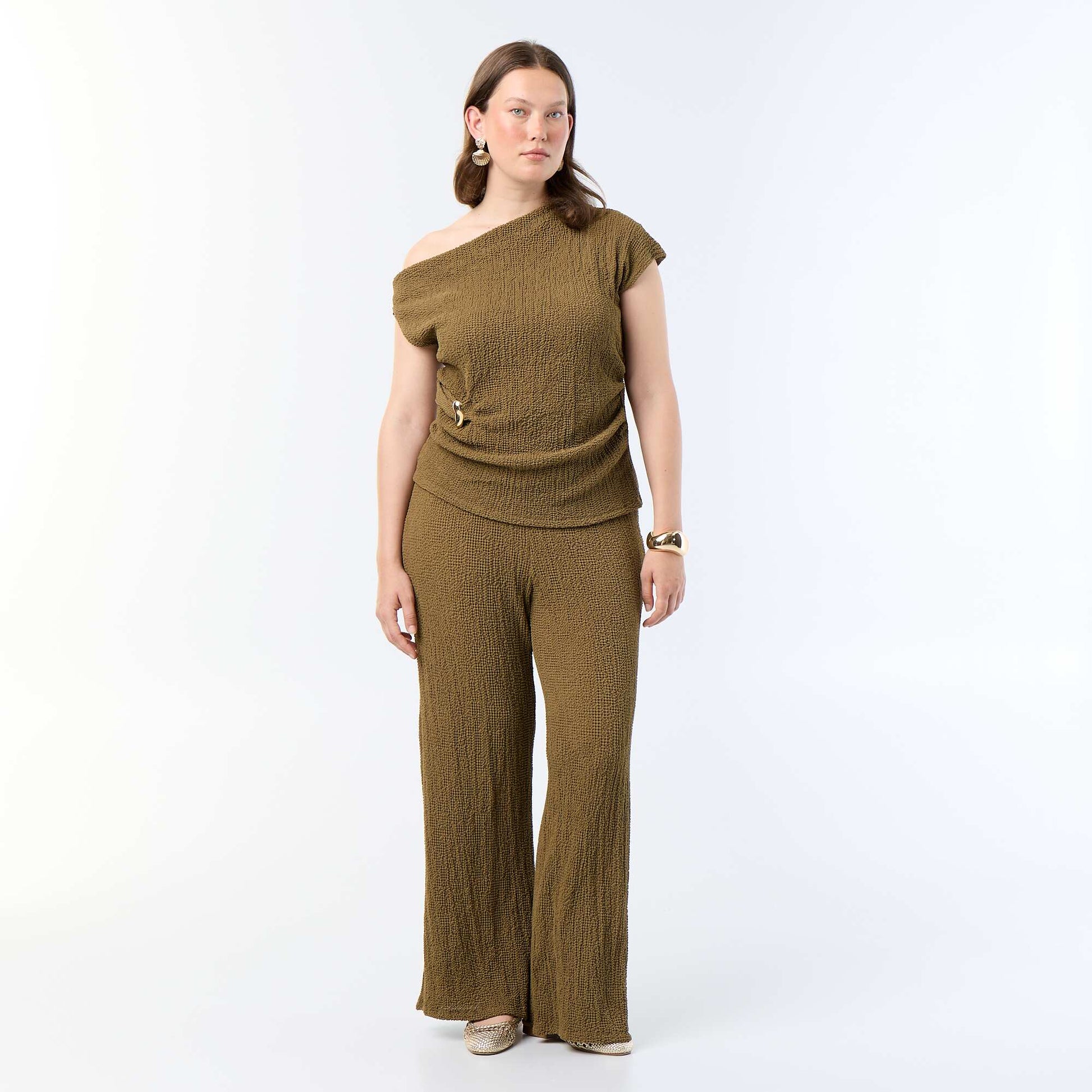 Waffle knit wide-leg trousers KHAKI