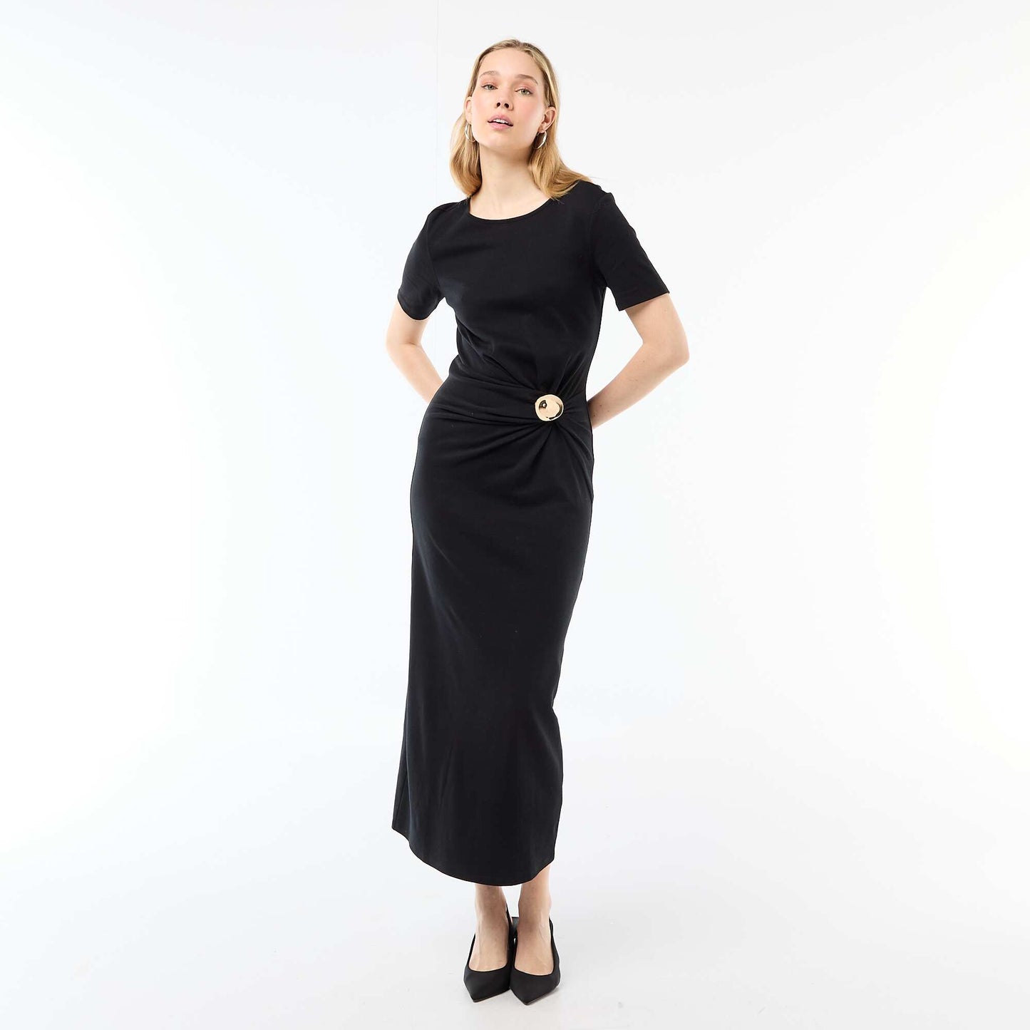 Draped Long Dress with Jewel Detail BLACK