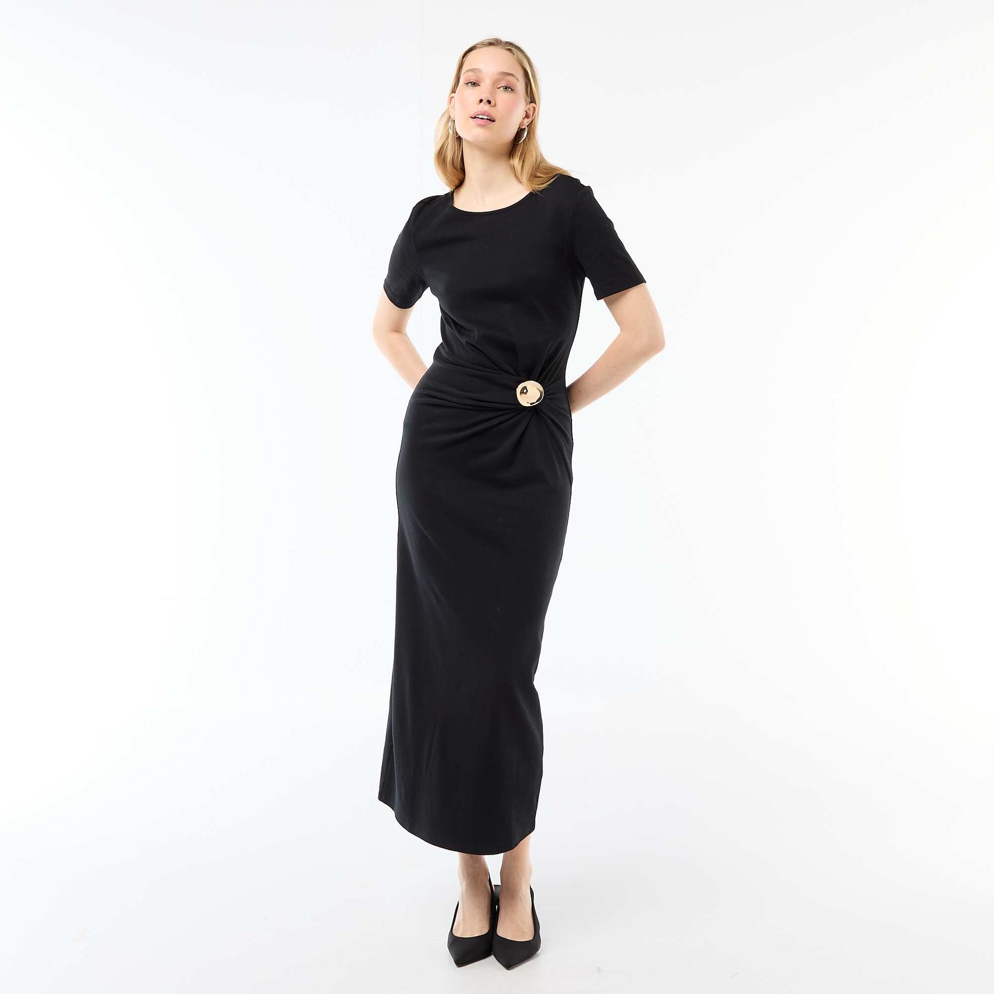 Draped Long Dress with Jewel Detail BLACK
