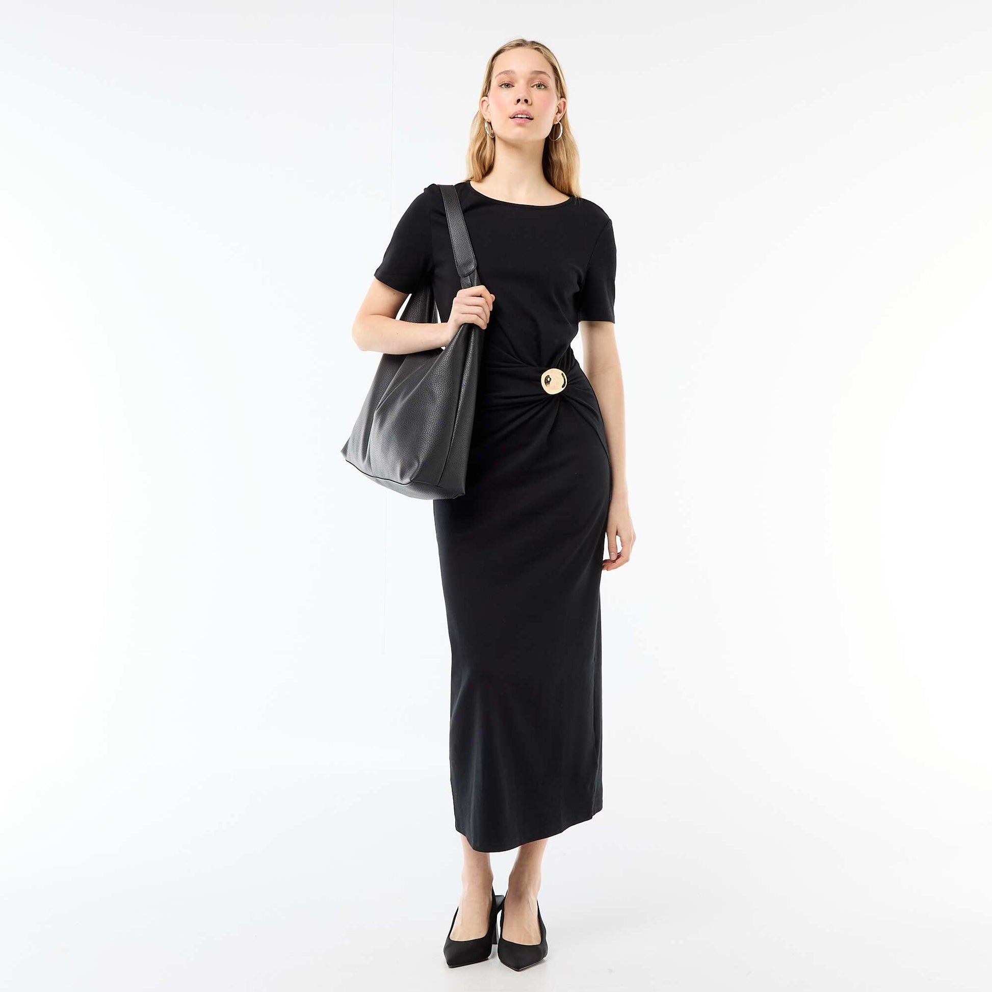 Draped Long Dress with Jewel Detail BLACK