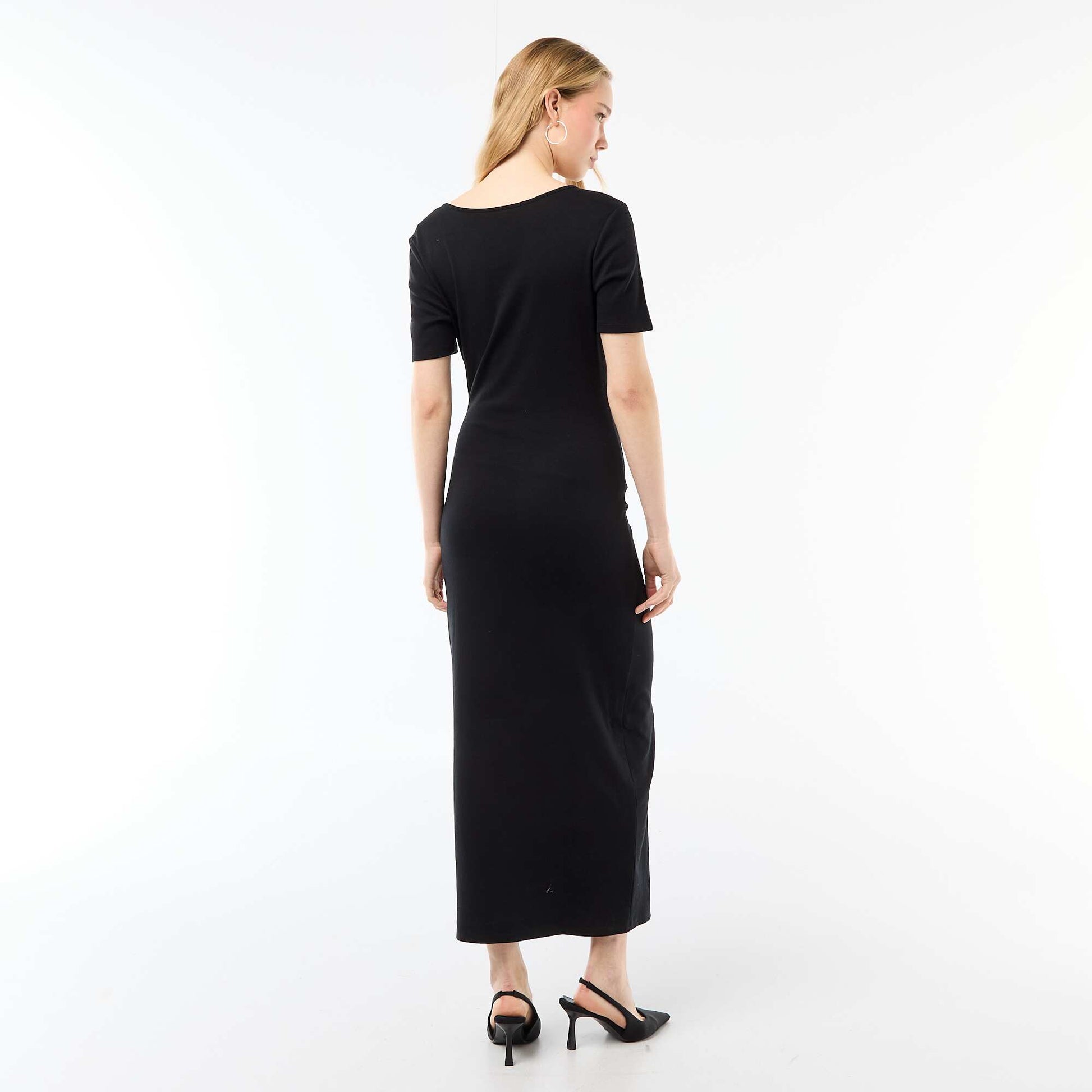 Draped Long Dress with Jewel Detail BLACK