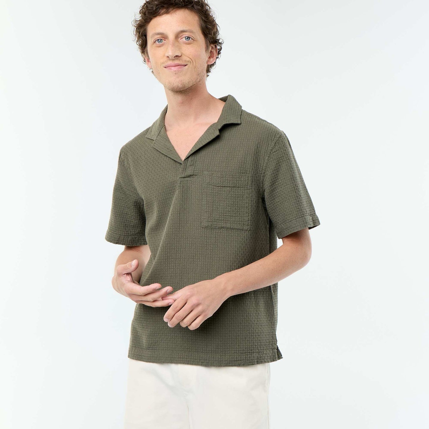 Short-sleeved shirt in fancy knit KHAKI