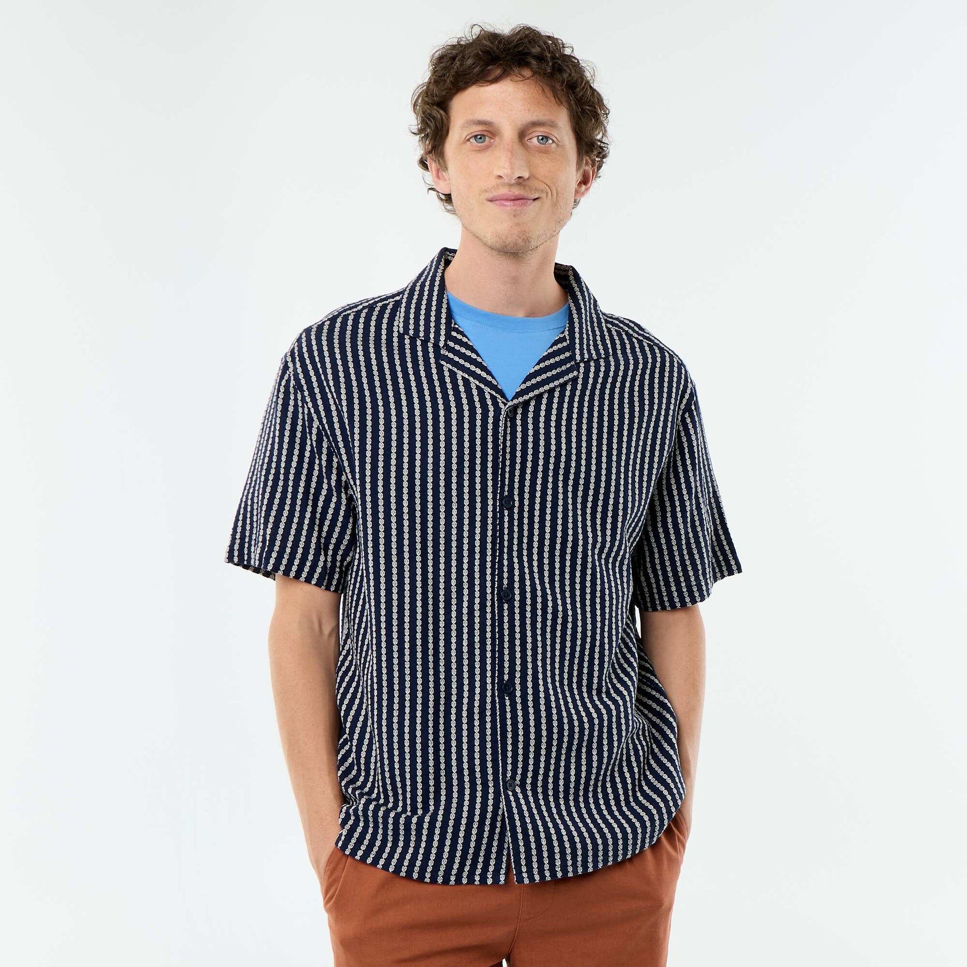 Textured Knit Short-Sleeved Shirt BLUE