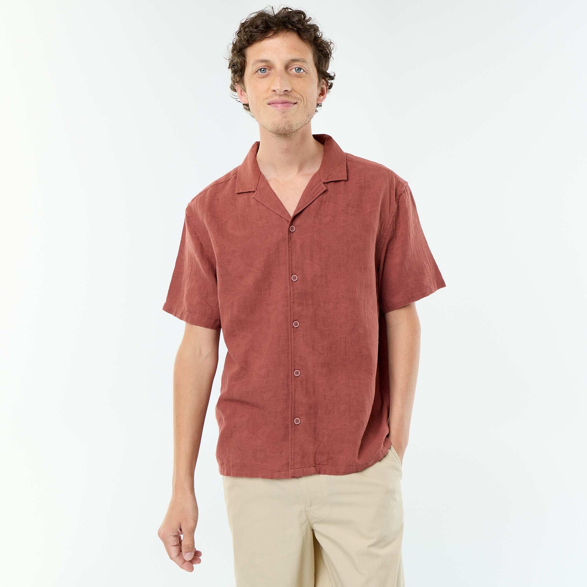 Textured Knit Short-Sleeved Shirt BROWN