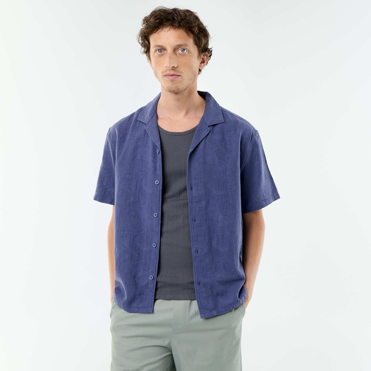 Textured Knit Short-Sleeved Shirt BLUE