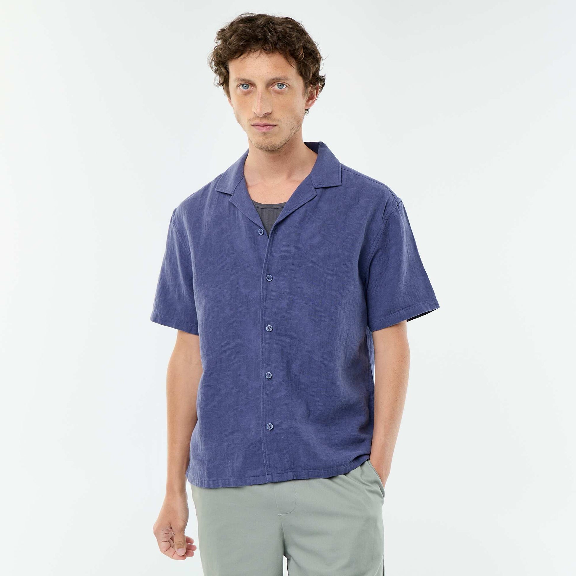 Textured Knit Short-Sleeved Shirt BLUE
