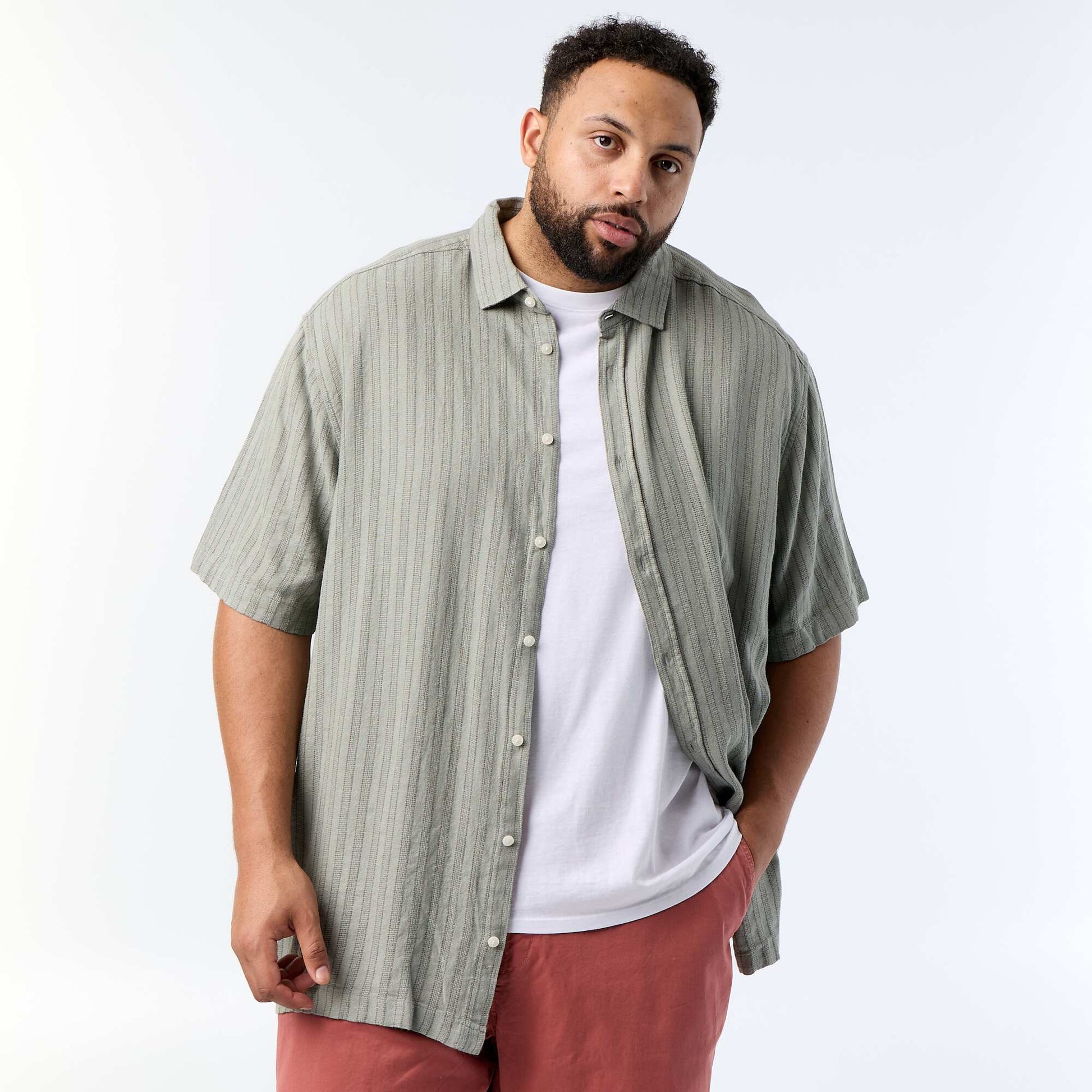 Short-sleeved blended linen shirt KHAKI