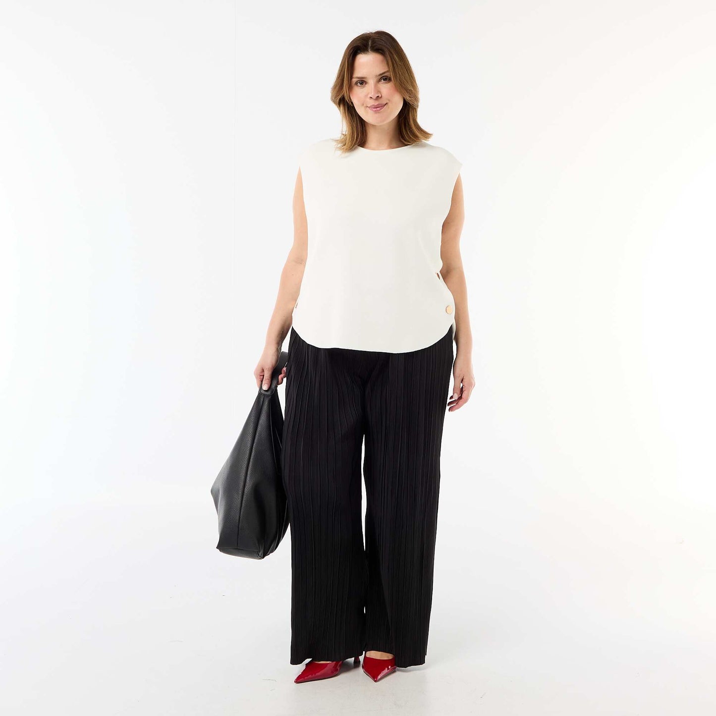 Sleeveless Sweater with Gold-Tone Side Buttons WHITE