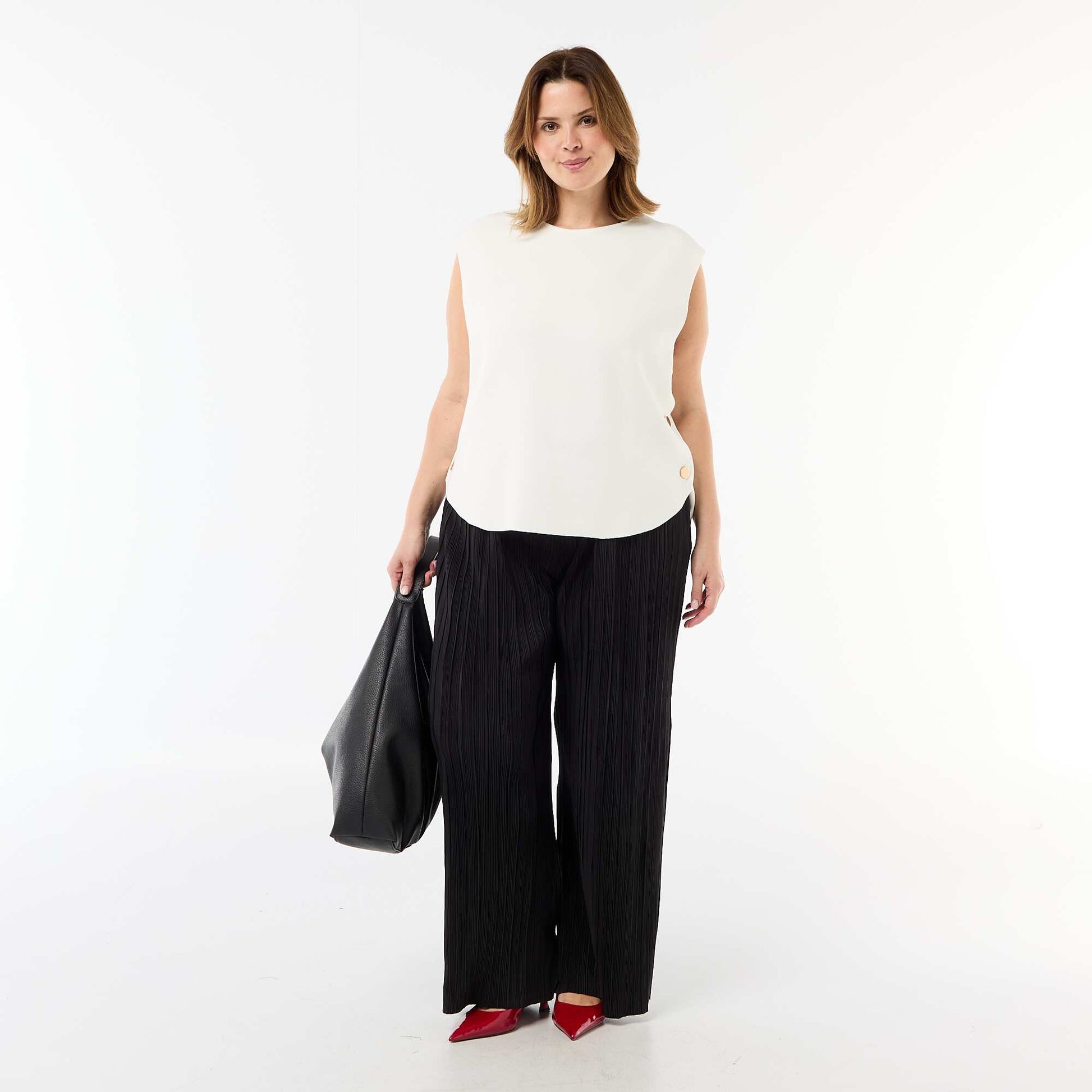 Sleeveless Sweater with Gold-Tone Side Buttons WHITE