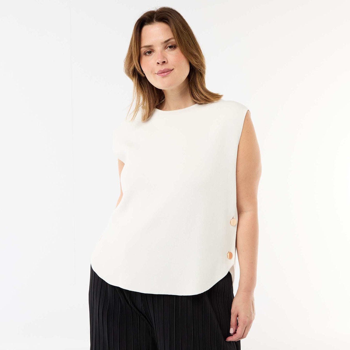 Sleeveless Sweater with Gold-Tone Side Buttons WHITE