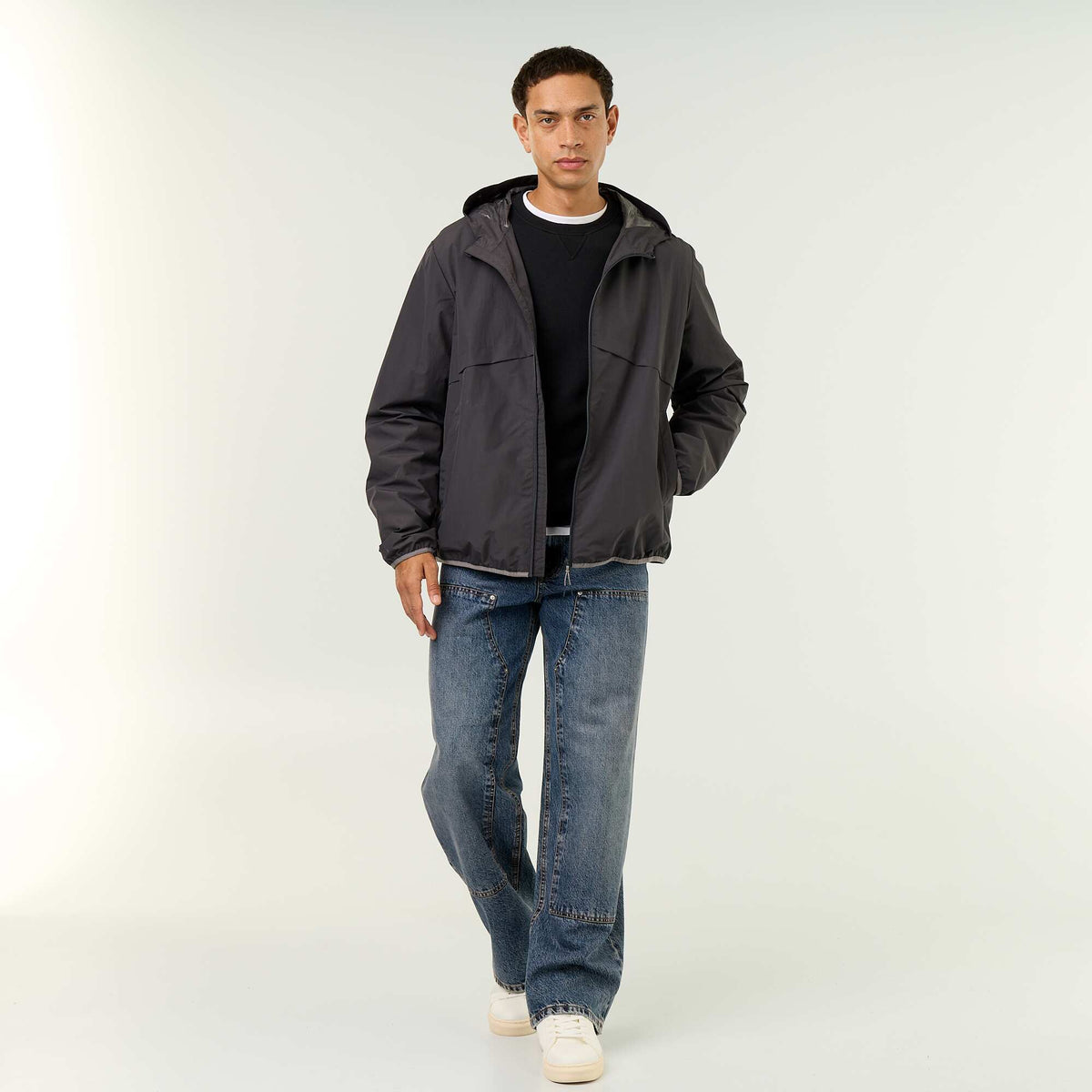 Water-Repellent Hooded Windbreaker Jacket BLACK
